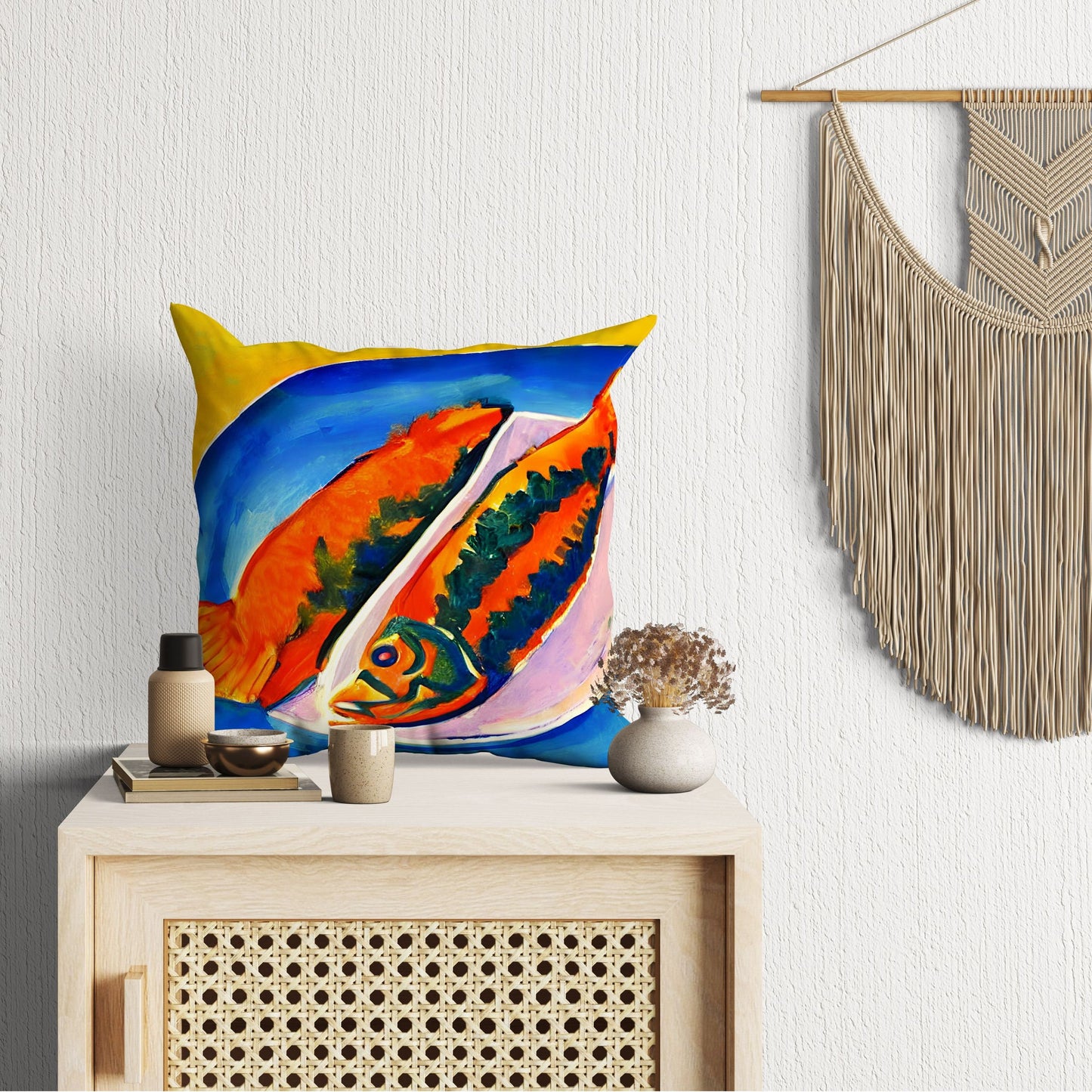 Pan-Fried Fishes Throw Pillow Cover, Abstract Pillow Case, Designer Pillow, Colorful Pillow Case, Housewarming Gift, Nursery Pillow