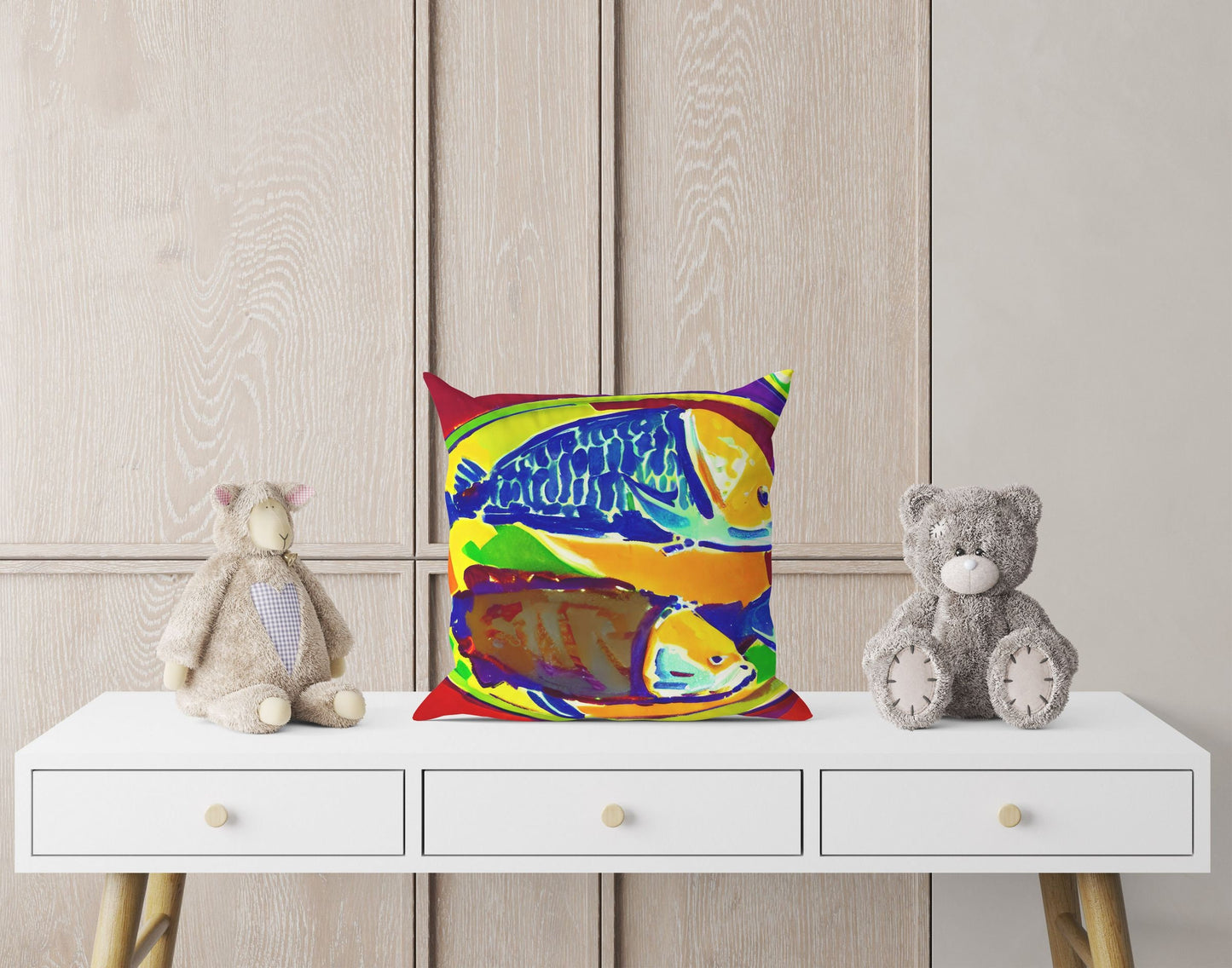 Pan-Fried Fishes Throw Pillow Cover, Abstract Pillow Case, Designer Pillow, Colorful Pillow Case, Housewarming Gift, Abstract Decor