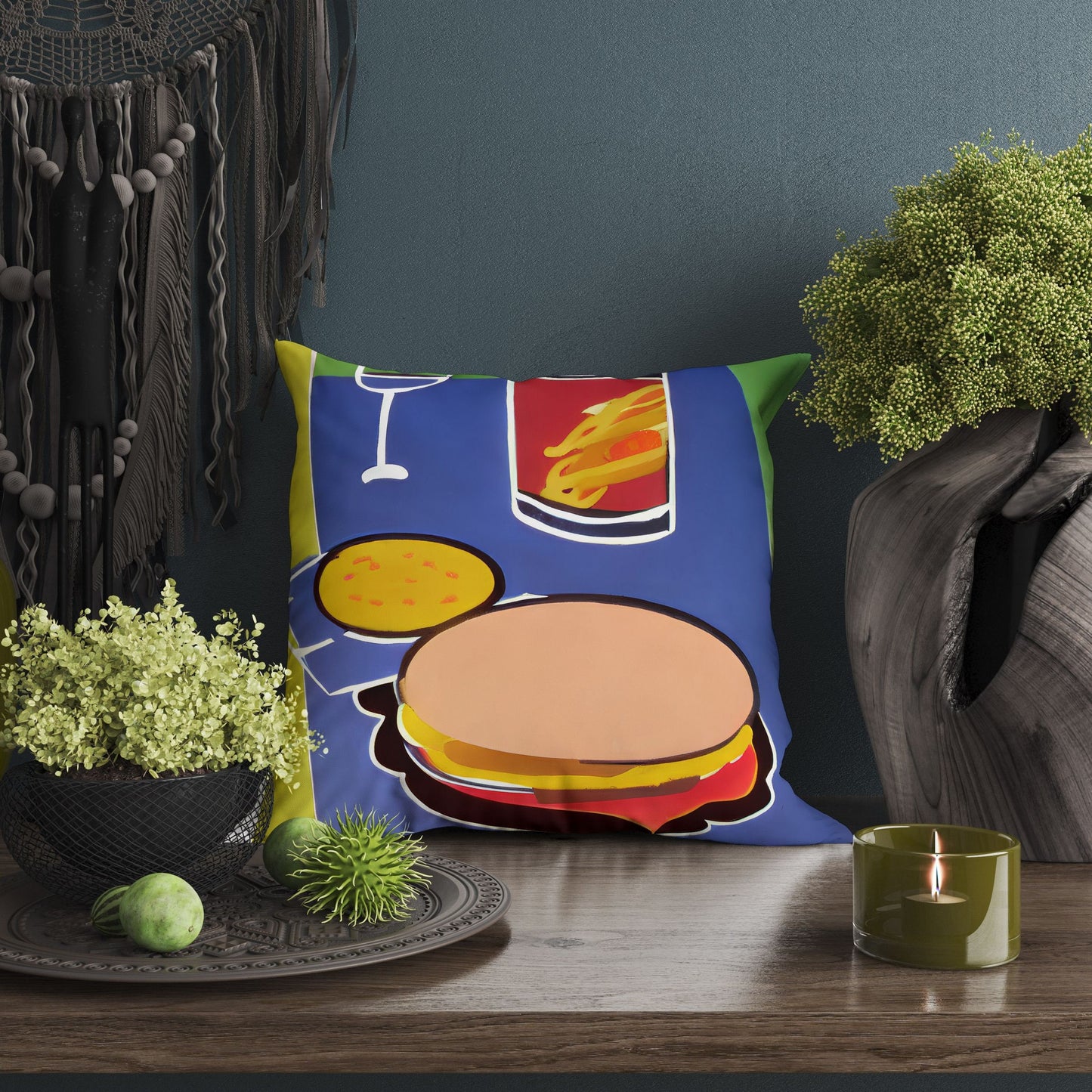 Hamburger And Drink Decorative Pillow, Abstract Throw Pillow, Contemporary Pillow, Square Pillow, Home Decor Pillow, Girl Pillow