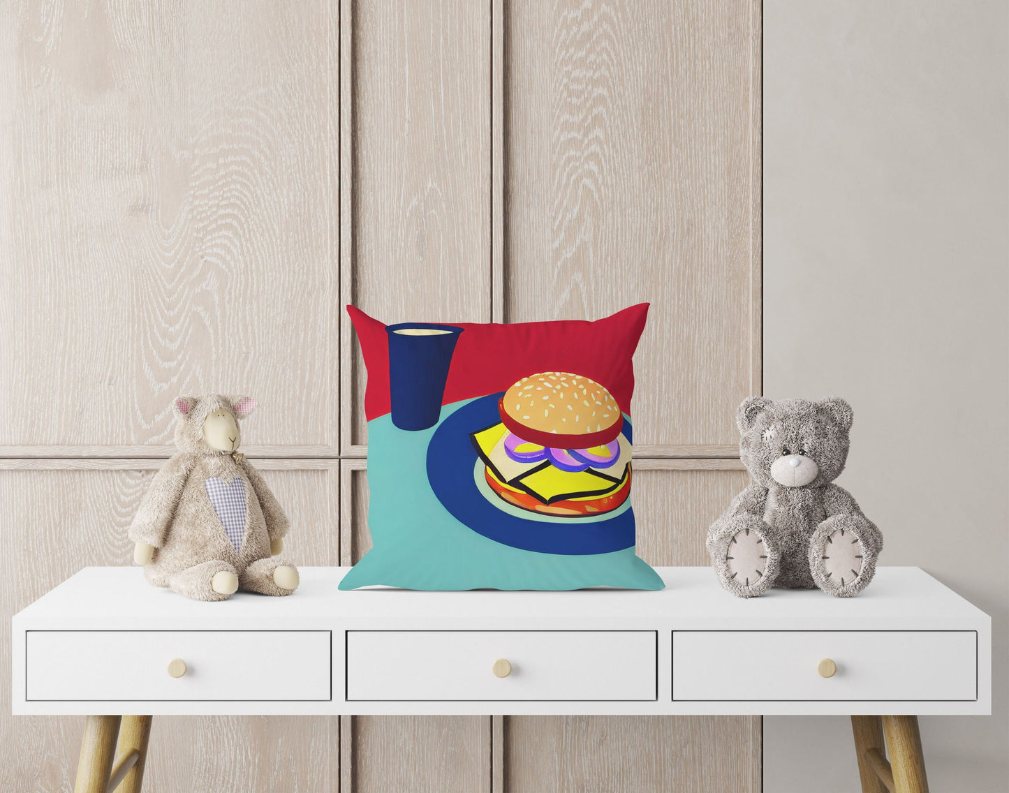 Hamburger And Drink Tapestry Pillows, Abstract Art Pillow, Artist Pillow, Colorful Pillow Case, Watercolor Pillow Cases, Large Pillow Cases