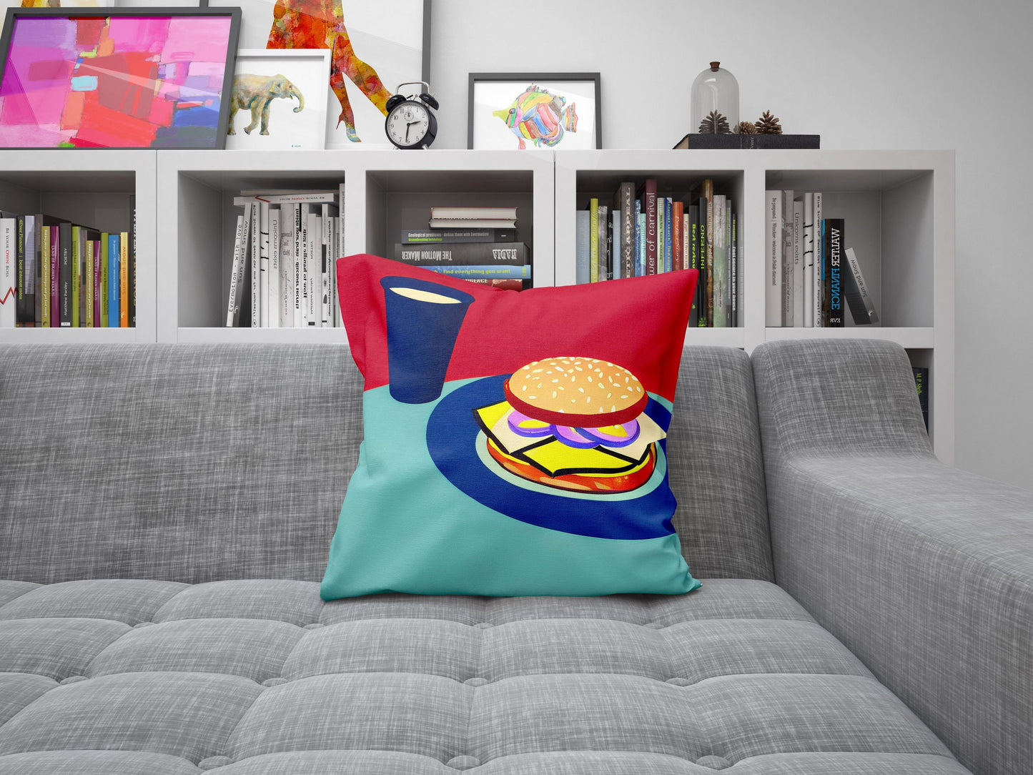 Hamburger And Drink Tapestry Pillows, Abstract Art Pillow, Artist Pillow, Colorful Pillow Case, Watercolor Pillow Cases, Large Pillow Cases