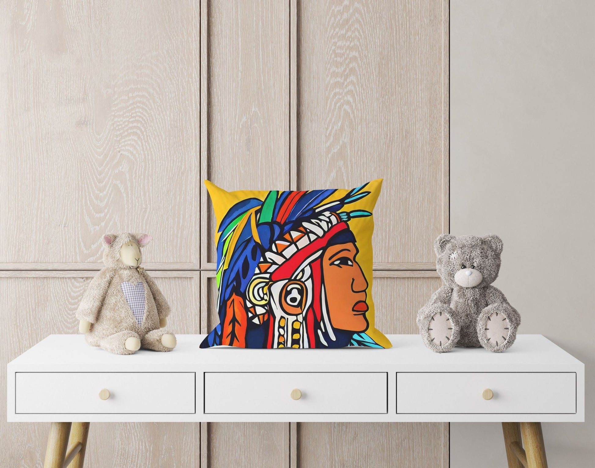 Indian Chief Pillow Case, Abstract Throw Pillow, Designer Pillow, Colorful Pillow Case, Contemporary Pillow, 24X24 Pillow Case