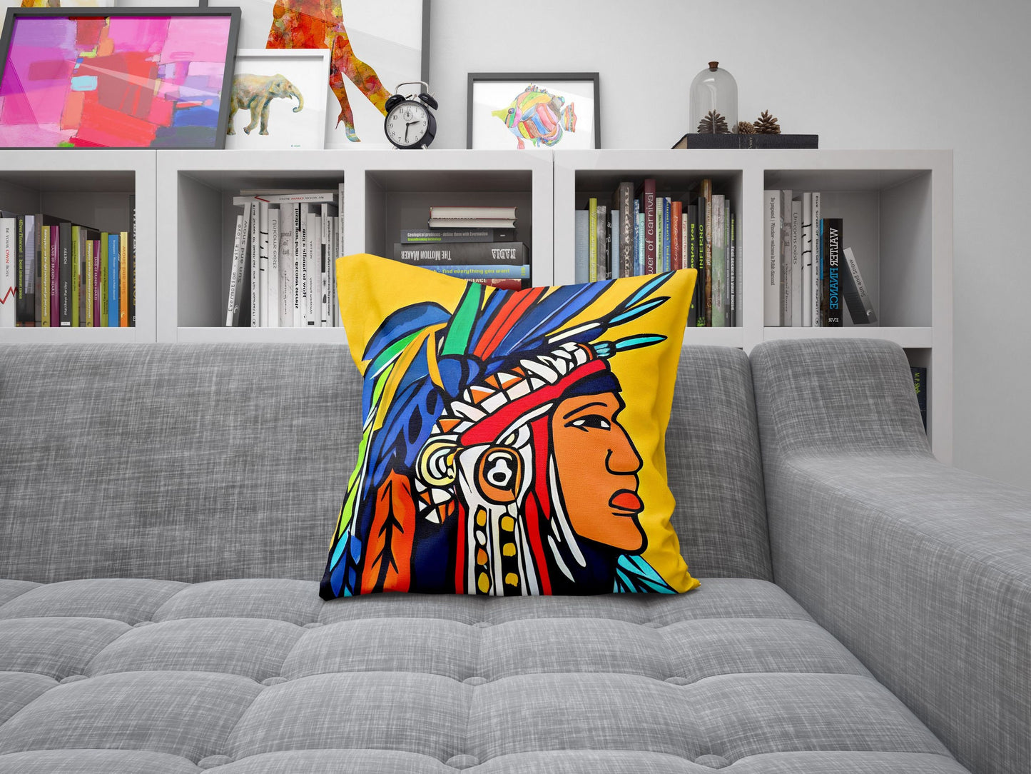 Indian Chief Pillow Case, Abstract Throw Pillow, Designer Pillow, Colorful Pillow Case, Contemporary Pillow, 24X24 Pillow Case