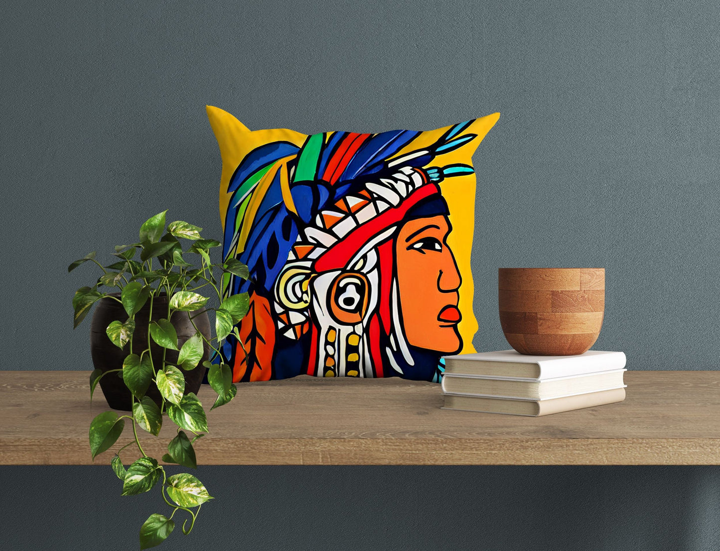 Indian Chief Pillow Case, Abstract Throw Pillow, Designer Pillow, Colorful Pillow Case, Contemporary Pillow, 24X24 Pillow Case