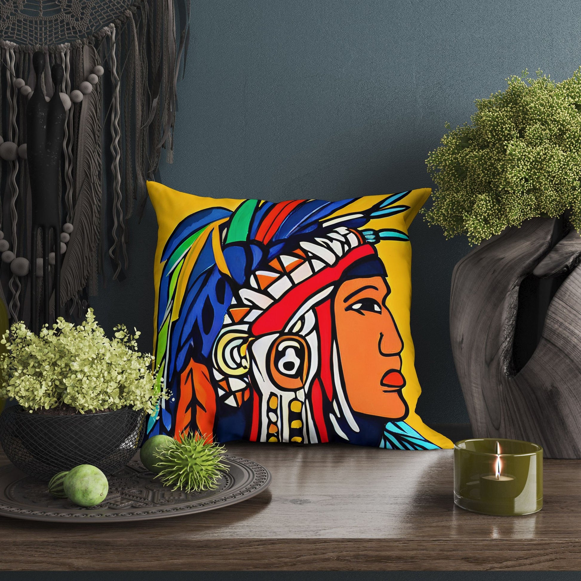 Indian Chief Pillow Case, Abstract Throw Pillow, Designer Pillow, Colorful Pillow Case, Contemporary Pillow, 24X24 Pillow Case