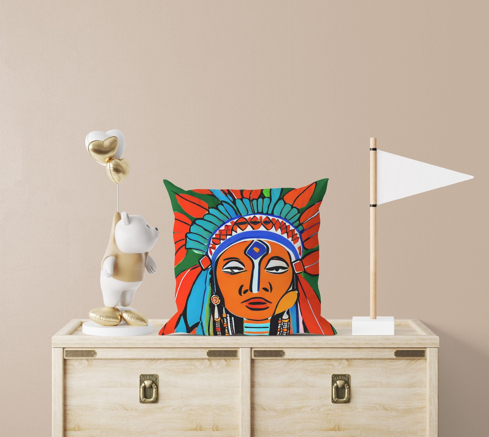 Indian Chief Pillow Case, Abstract Pillow Case, Artist Pillow, Colorful Pillow Case, Fashion, 20X20 Pillow, Home And Living, Abstract Decor