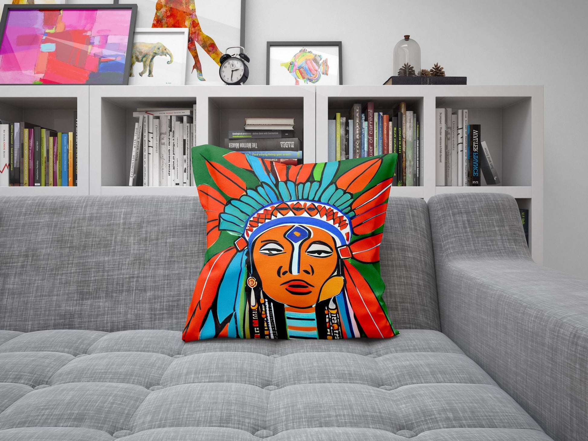 Indian Chief Pillow Case, Abstract Pillow Case, Artist Pillow, Colorful Pillow Case, Fashion, 20X20 Pillow, Home And Living, Abstract Decor