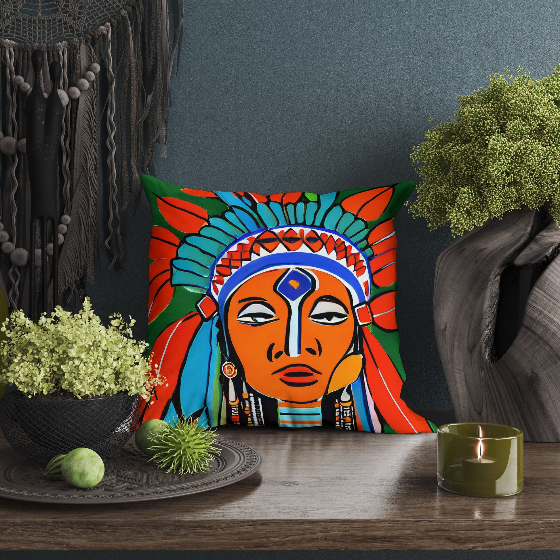 Indian Chief Pillow Case, Abstract Pillow Case, Artist Pillow, Colorful Pillow Case, Fashion, 20X20 Pillow, Home And Living, Abstract Decor