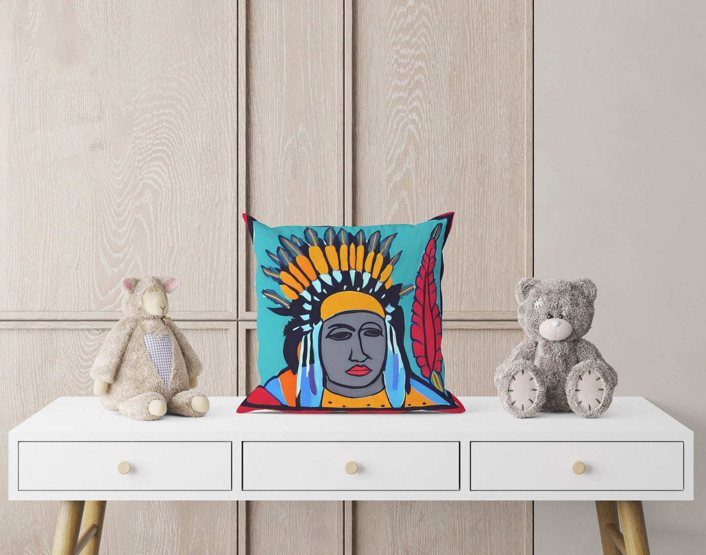 Indian Chief Toss Pillow, Abstract Throw Pillow, Artist Pillow, Colorful Pillow Case, Watercolor Pillow Cases, Square Pillow, Playroom Decor