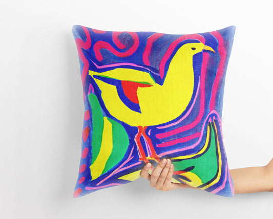 Yellow Bird Pillow Case, Abstract Throw Pillow, Art Pillow, Colorful Pillow Case, Contemporary Pillow, Square Pillow, Housewarming Gift