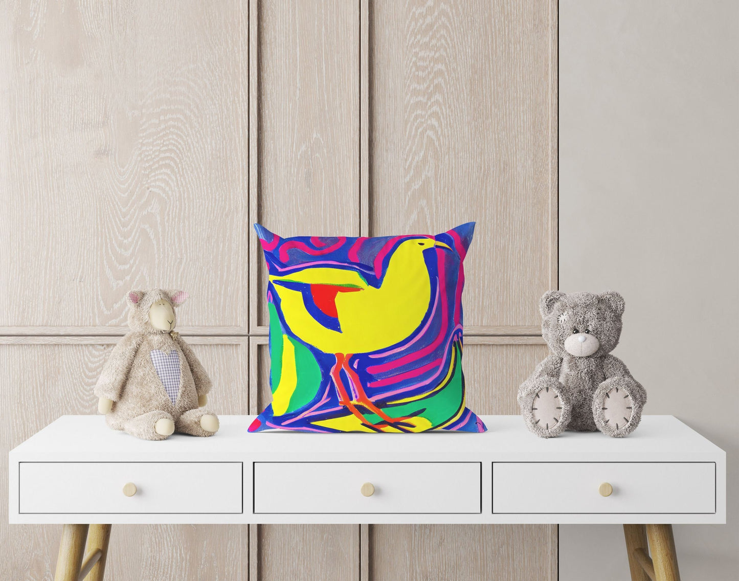 Yellow Bird Pillow Case, Abstract Throw Pillow, Art Pillow, Colorful Pillow Case, Contemporary Pillow, Square Pillow, Housewarming Gift