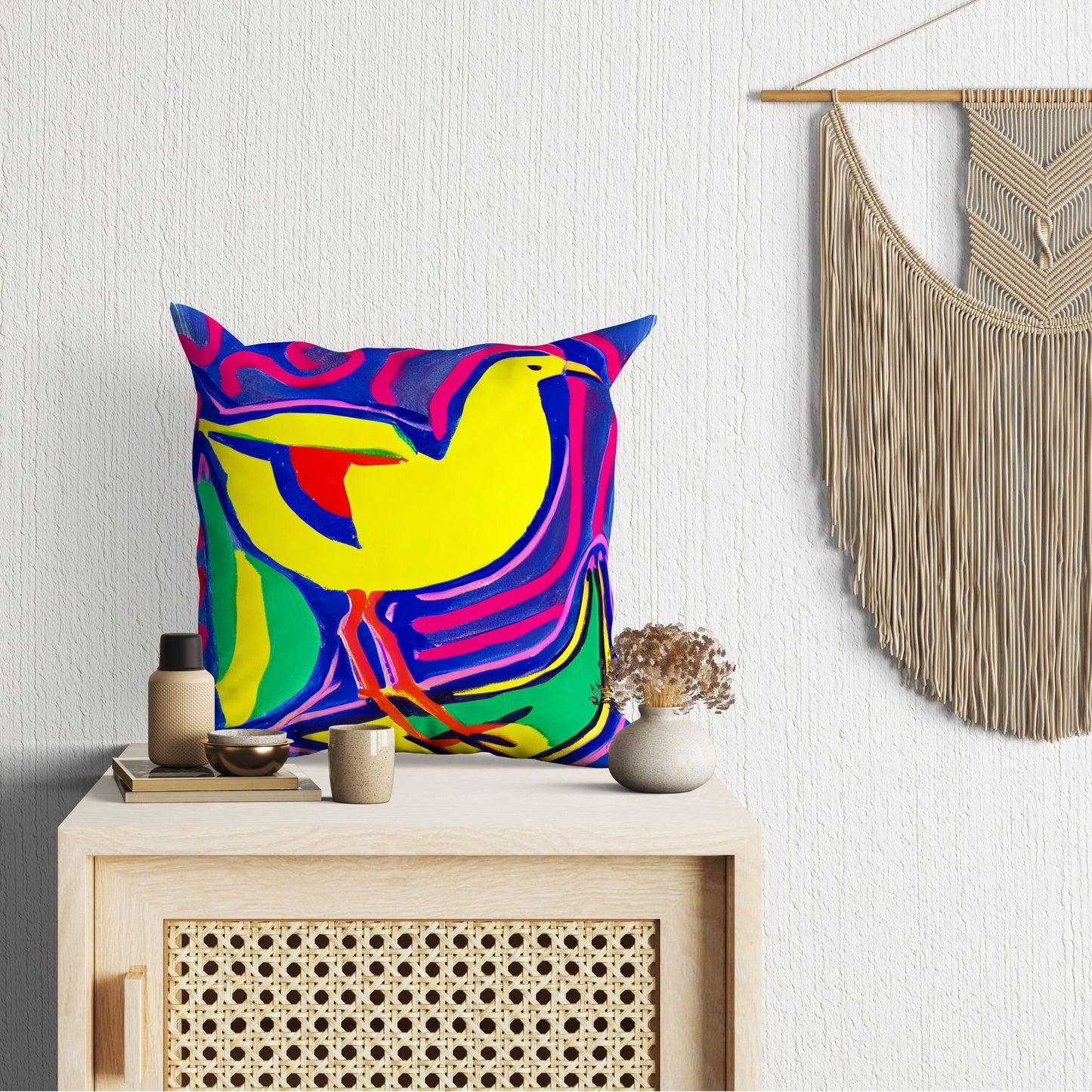 Yellow Bird Pillow Case, Abstract Throw Pillow, Art Pillow, Colorful Pillow Case, Contemporary Pillow, Square Pillow, Housewarming Gift