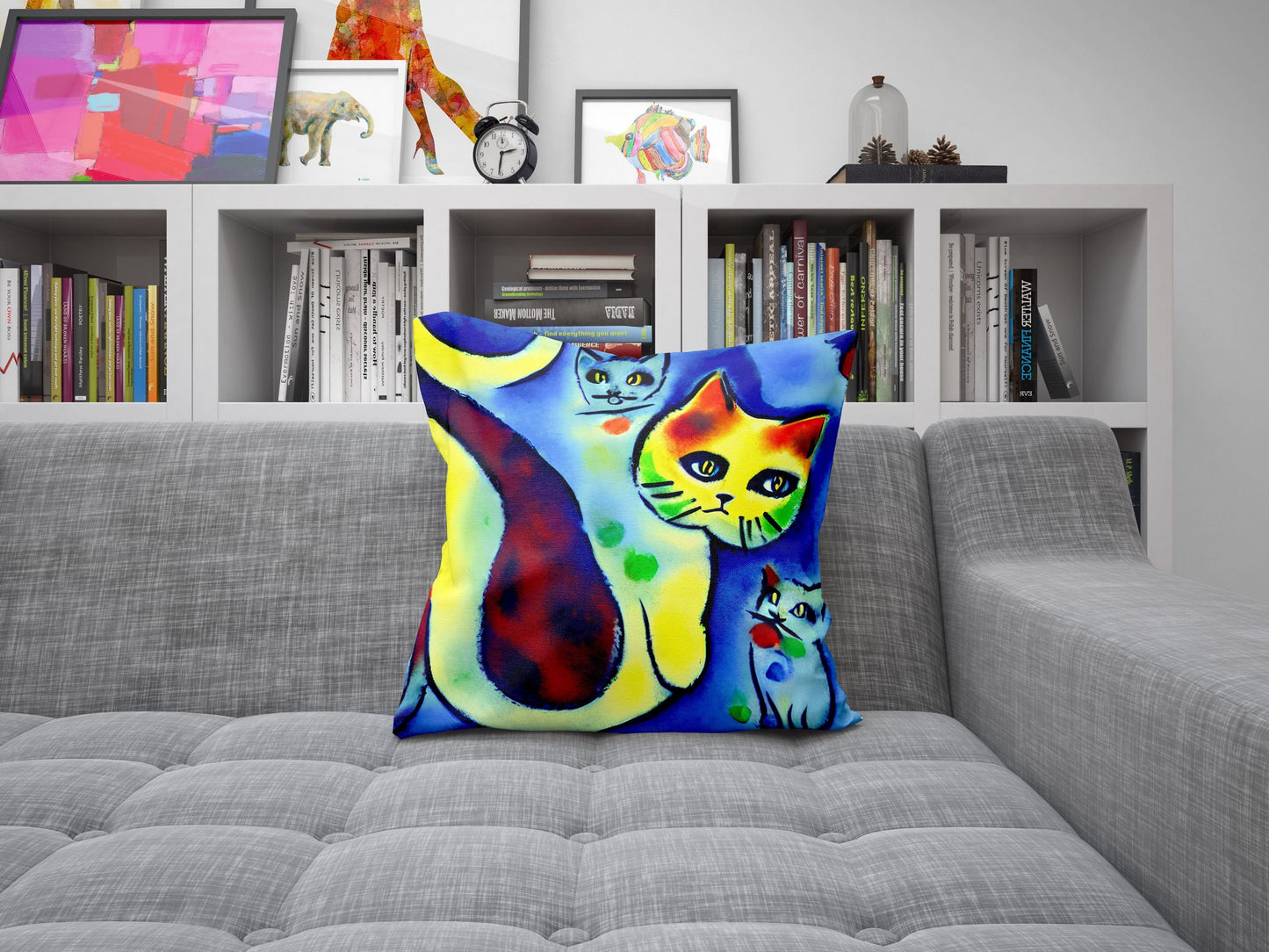Colorful Cats Throw Pillow Cover, Abstract Throw Pillow, Designer Pillow, Blue Pillow, Contemporary Pillow, 20X20 Pillow Cover
