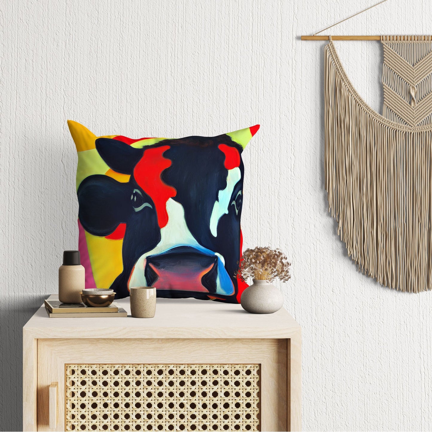 Modern Art Colorful Cow, Decorative Pillow, Abstract Pillow, Artist Pillow, Contemporary Pillow, 18 X 18 Pillow Covers, Farmhouse Pillow