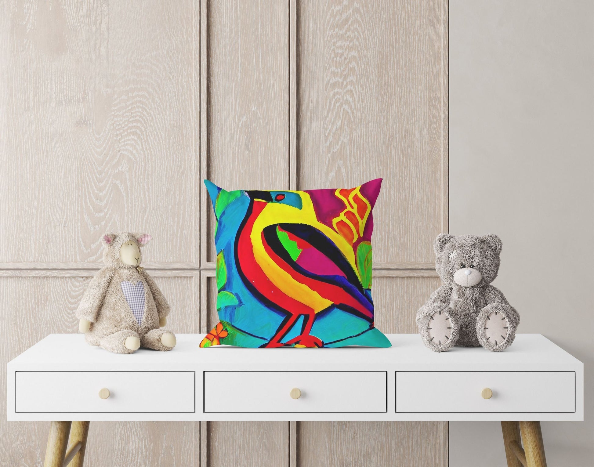 Colorful Bird Pillow Case, Abstract Pillow, Designer Pillow, Colorful Pillow Case, Contemporary Pillow, 20X20 Pillow Cover