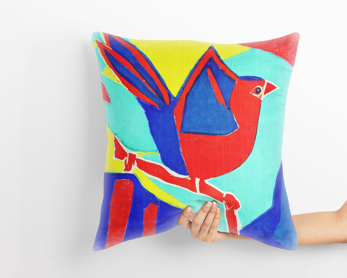 Red Bird Throw Pillow, Abstract Pillow, Artist Pillow, Colorful Pillow Case, Modern Pillow, Square Pillow, Housewarming Gift, Abstract Decor