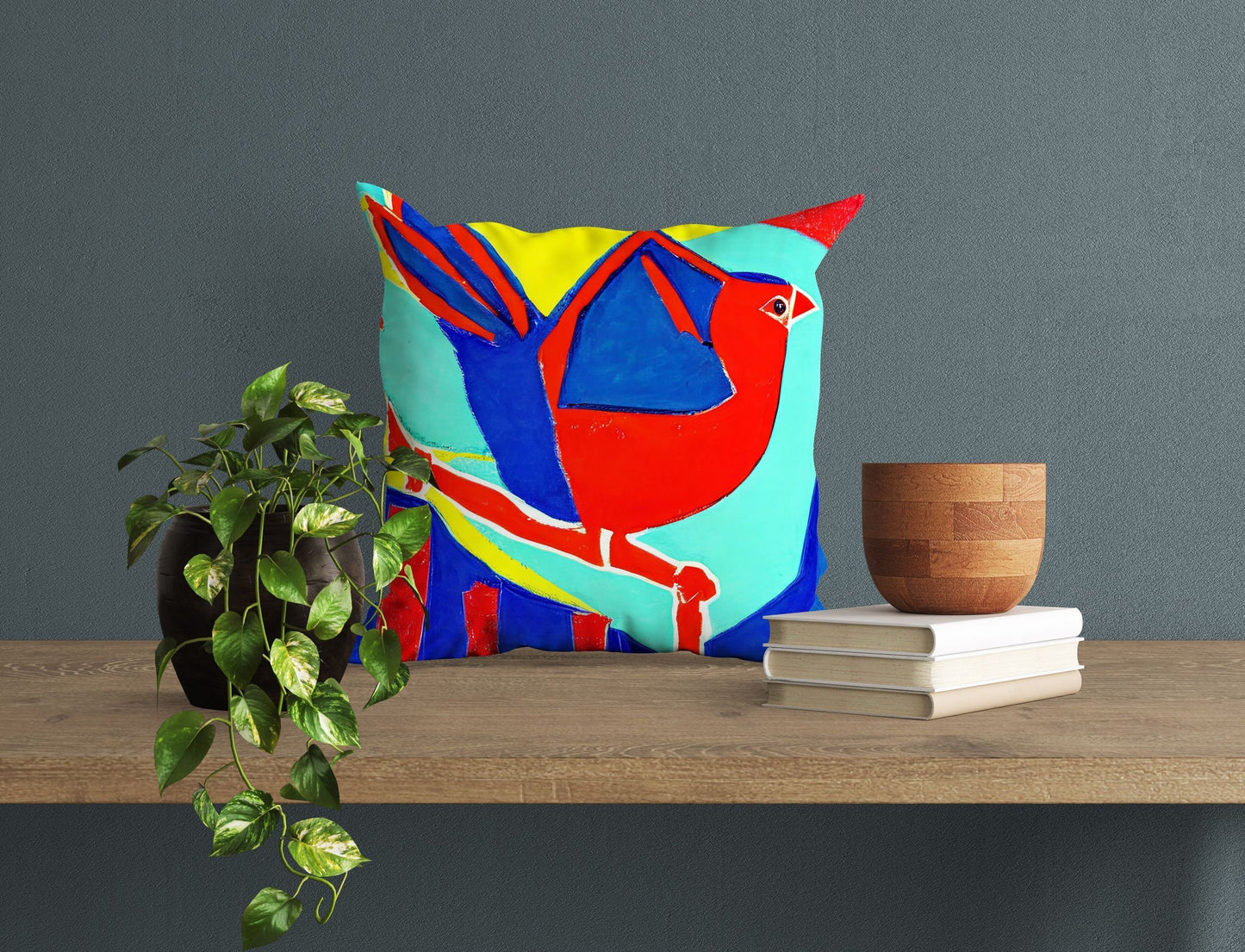 Red Bird Throw Pillow, Abstract Pillow, Artist Pillow, Colorful Pillow Case, Modern Pillow, Square Pillow, Housewarming Gift, Abstract Decor