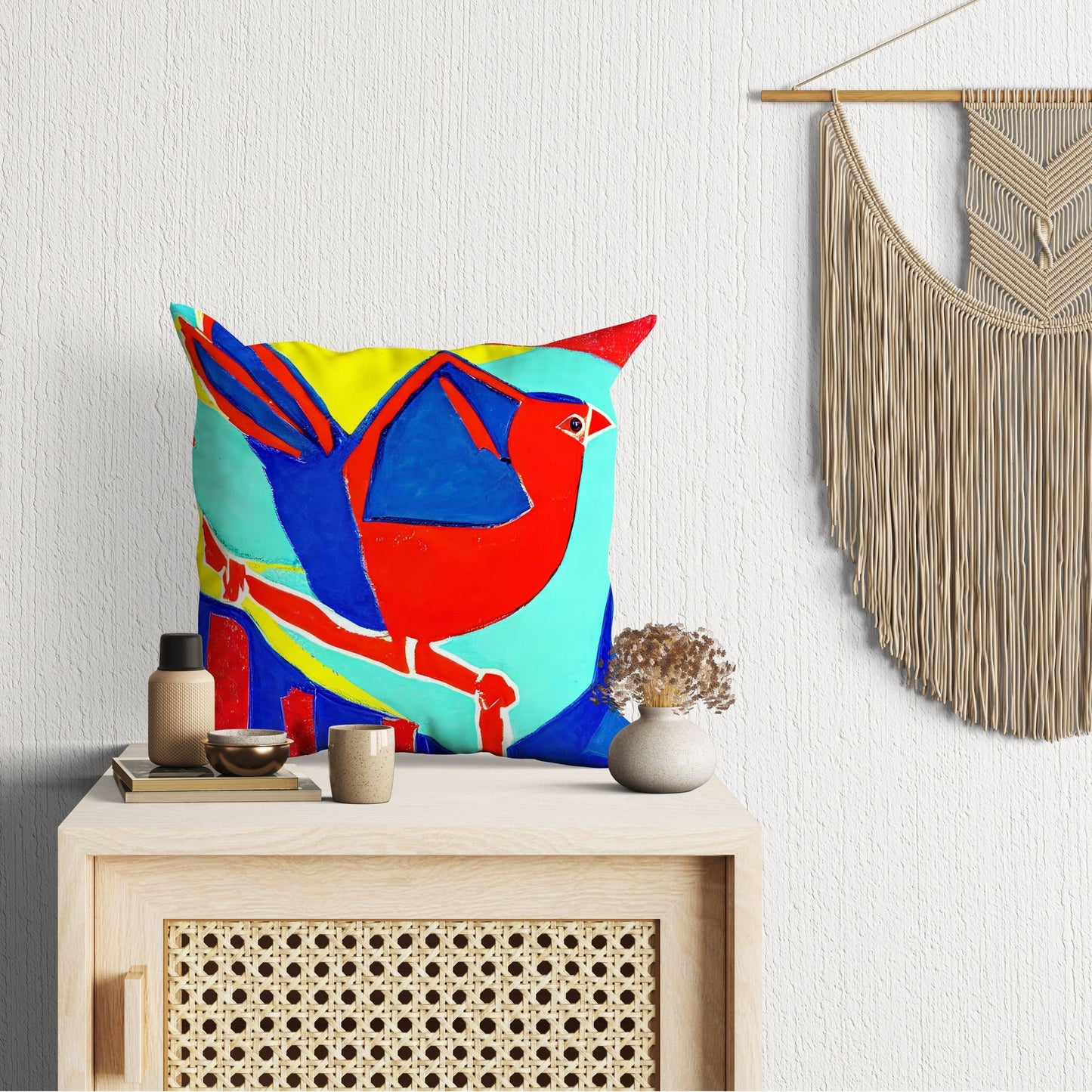 Red Bird Throw Pillow, Abstract Pillow, Artist Pillow, Colorful Pillow Case, Modern Pillow, Square Pillow, Housewarming Gift, Abstract Decor