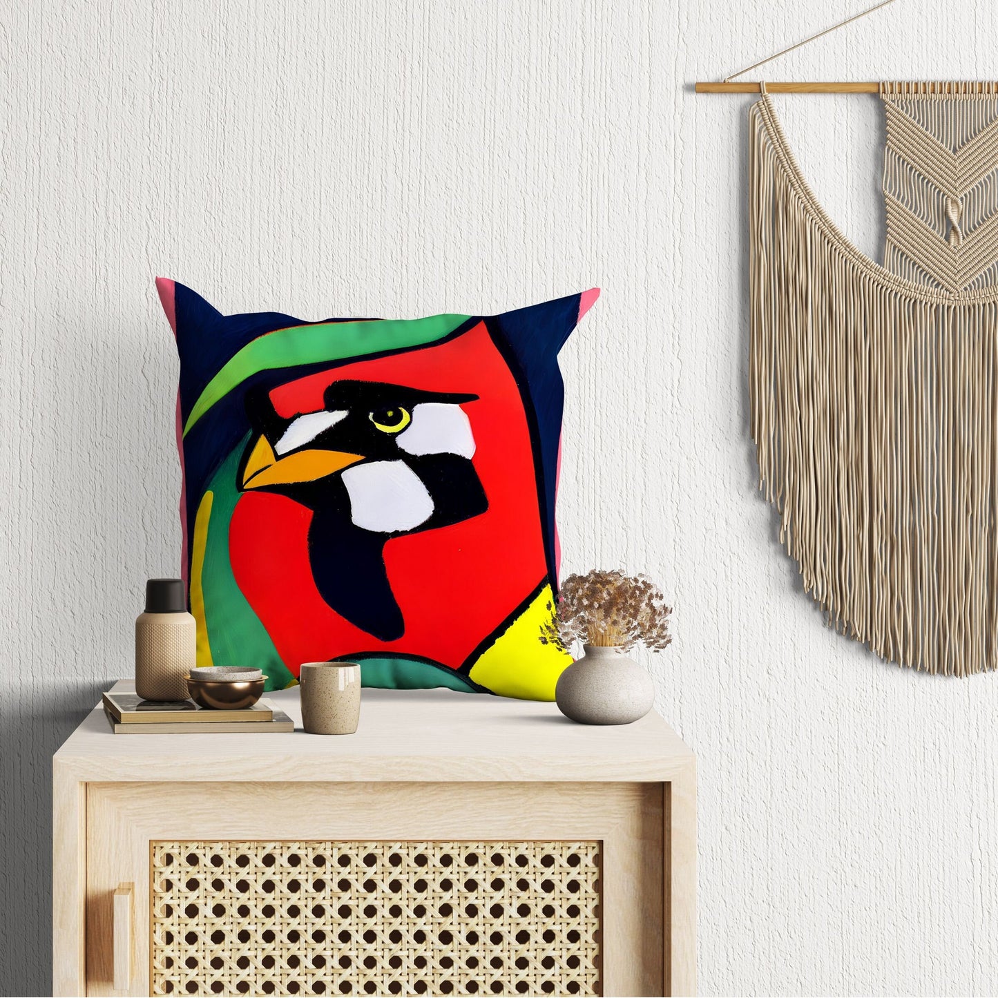 North American Cardinals Bird Tapestry Pillows, Abstract Pillow, Artist Pillow, Colorful Pillow Case, Contemporary Pillow, 20X20 Pillow