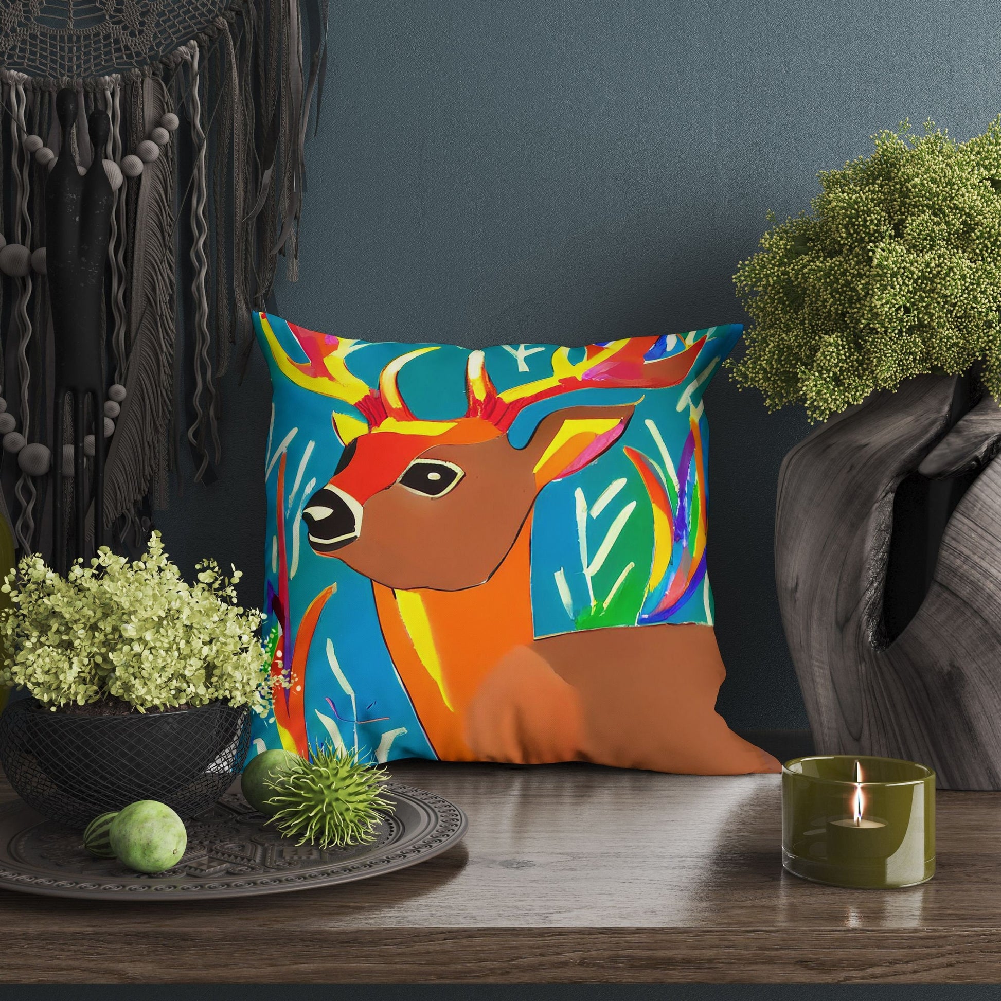 Original Art Wildlife Deer, Decorative Pillow, Abstract Pillow, Art Pillow, Colorful Pillow Case, Housewarming Gift, Nursery Pillow