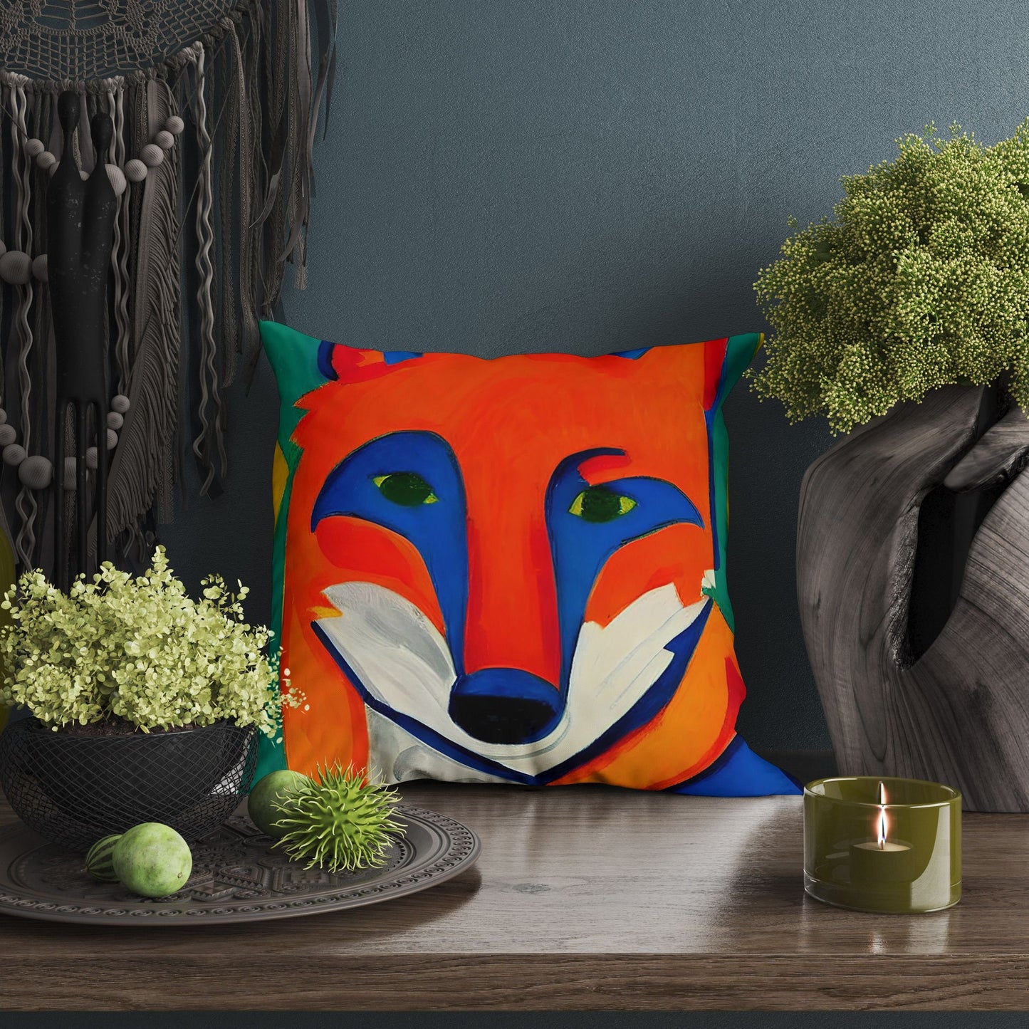 Original Art Wildlife Fire Fox Toss Pillow, Abstract Art Pillow, Artist Pillow, Colorful Pillow Case, Fashion, 24X24 Pillow Case