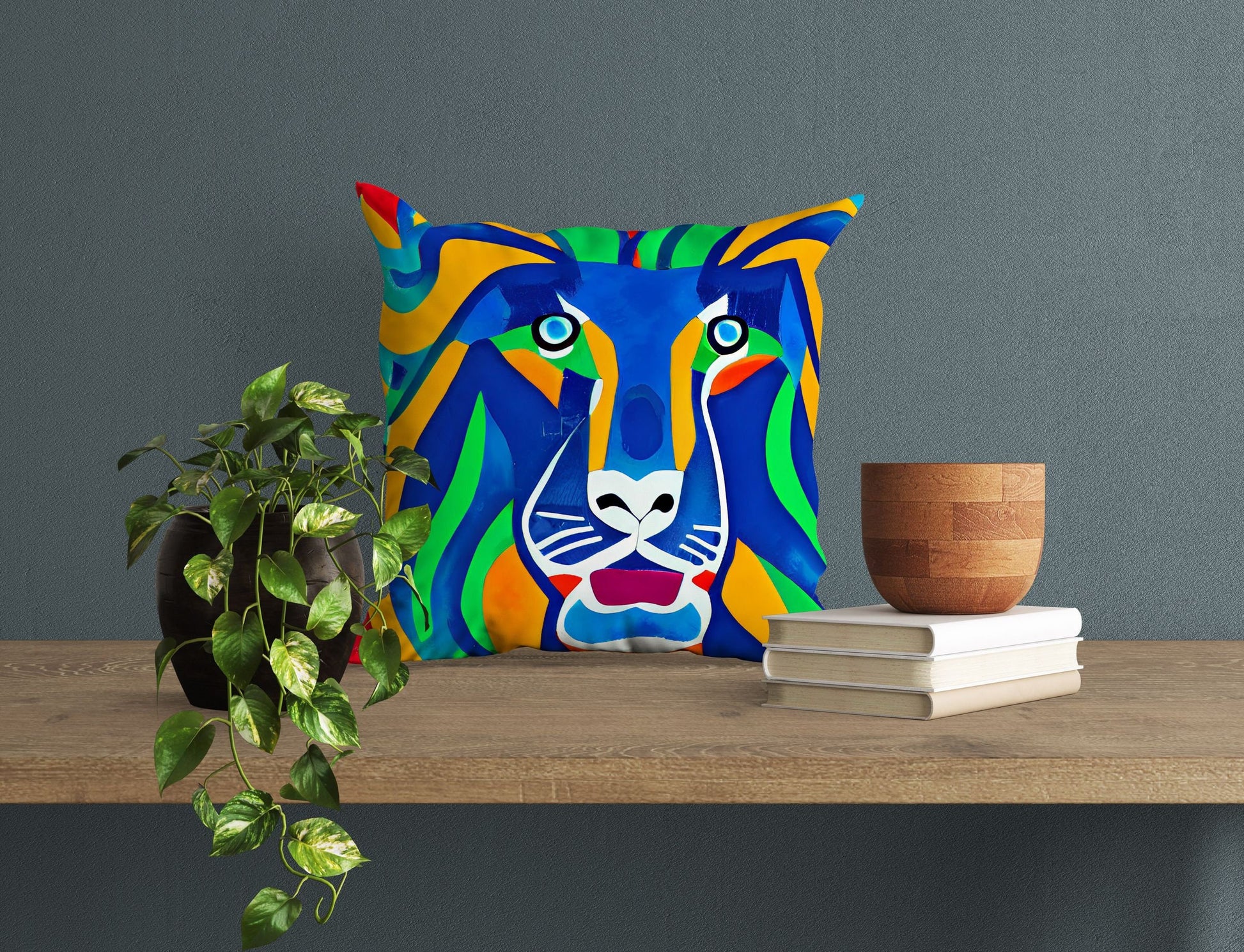Original Art African Wildlife Lion King Decorative Pillow, Abstract Art Pillow, Artist Pillow, Colorful Pillow Case, Contemporary Pillow