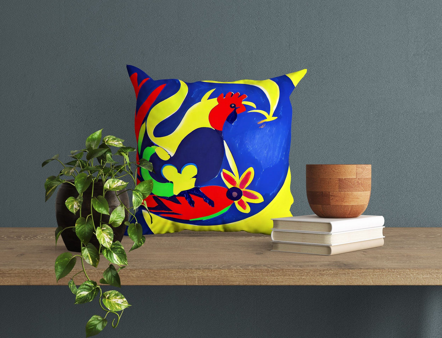 Original Art Rooster Toss Pillow, Abstract Pillow, Artist Pillow, Colorful Pillow Case, 24X24 Pillow Case, Playroom Decor, Holiday Gift