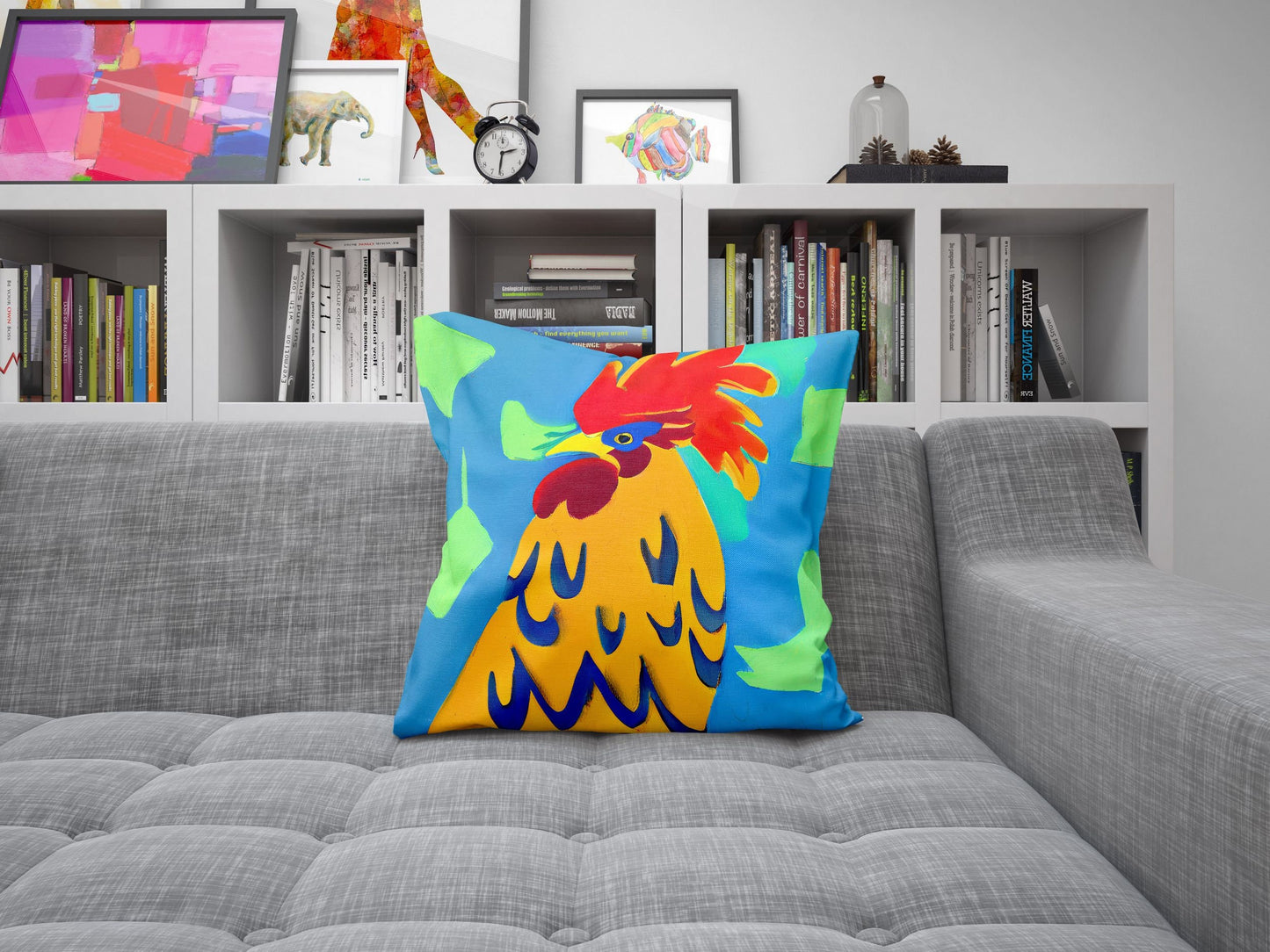 Original Art Rooster, Throw Pillow Cover, Abstract Throw Pillow, Comfortable, Colorful Pillow Case, Contemporary Pillow, 20X20 Pillow Cover