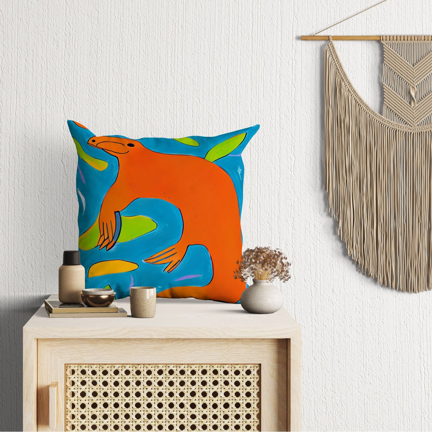 Australian Wildlife Platypus Original Art Tapestry Pillows, Abstract Pillow Case, Original Art Pillow, Colorful Pillow Case, Contemporary