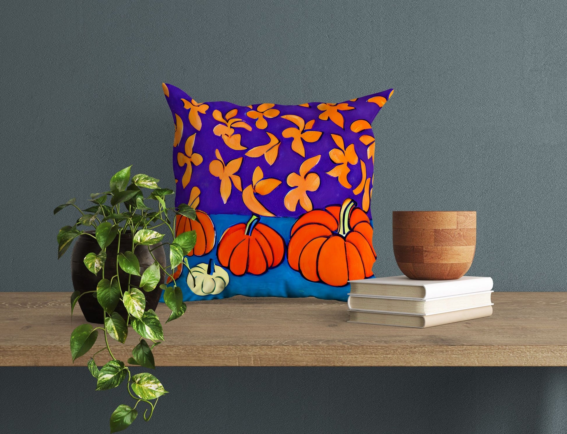 Pumpkins And Flowers Original Art Tapestry Pillows, Abstract Art Pillow, Art Pillow, Colorful Pillow Case, Contemporary Pillow Square Pillow