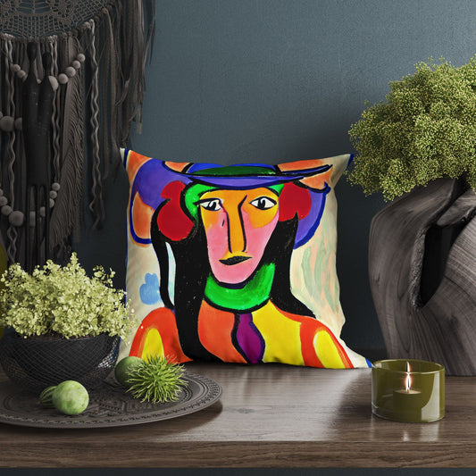 Abstract Girl In A Hat Toss Pillow, Abstract Pillow Case, Artist Pillow, Modern Pillow, Square Pillow, Christmas Pillow, Abstract Decor