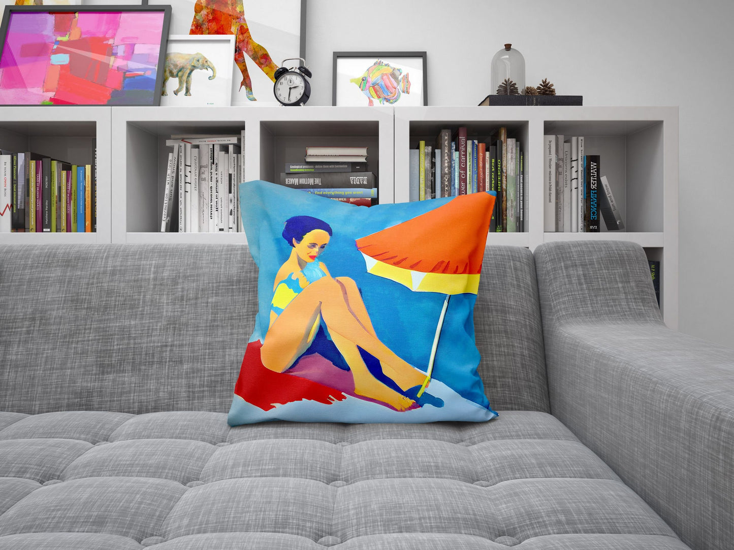 Girl Sunbathing By The Sea Throw Pillow Cover, Abstract Throw Pillow, Designer Pillow, Home Decor Pillow, Abstract Decor