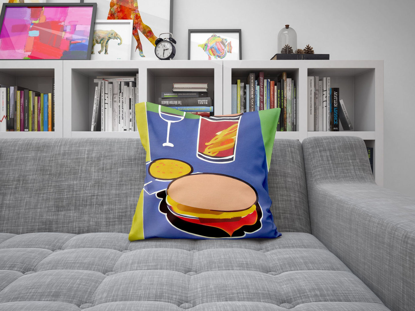 Hamburger And Drink Decorative Pillow, Abstract Throw Pillow, Contemporary Pillow, Square Pillow, Home Decor Pillow, Girl Pillow