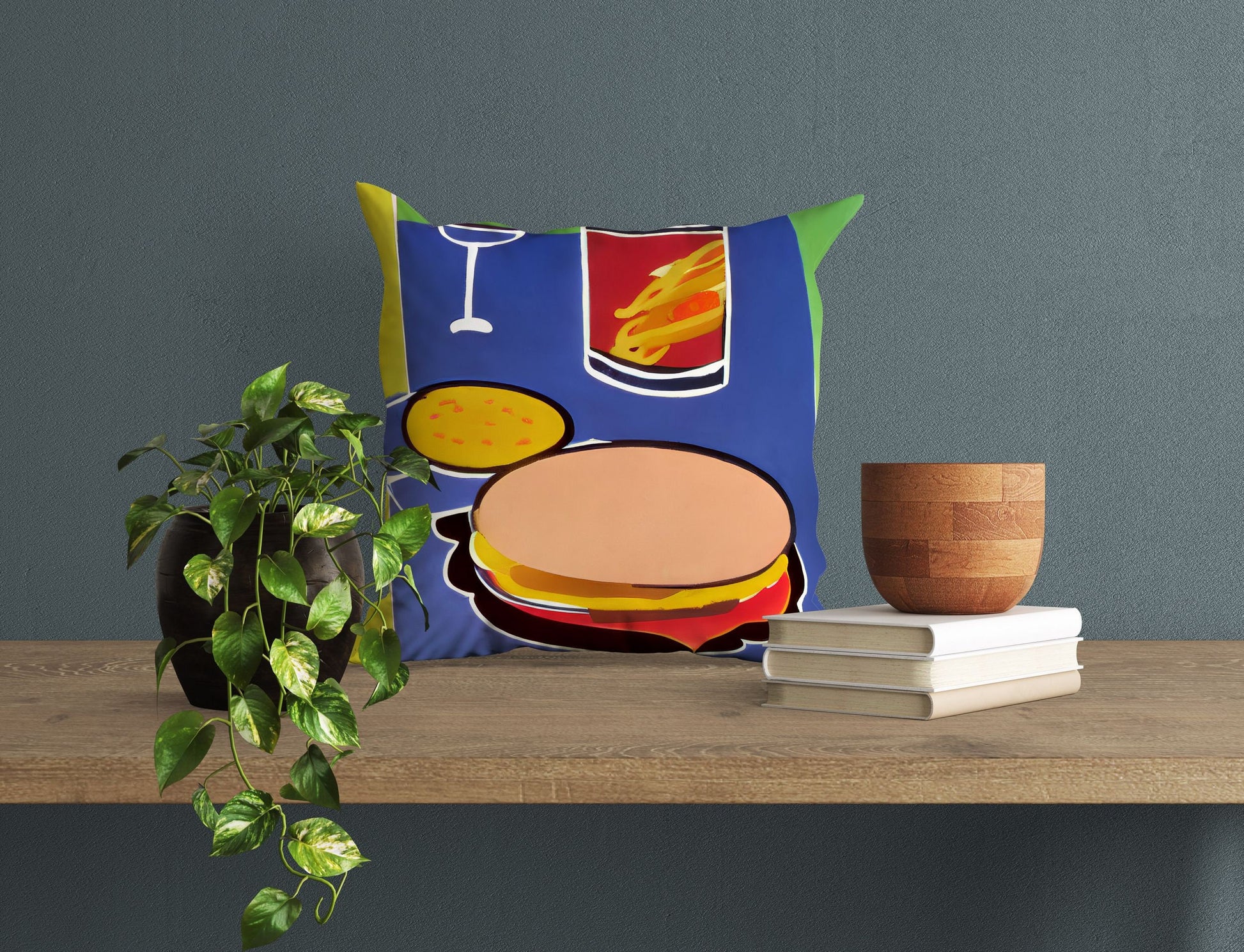 Hamburger And Drink Decorative Pillow, Abstract Throw Pillow, Contemporary Pillow, Square Pillow, Home Decor Pillow, Girl Pillow
