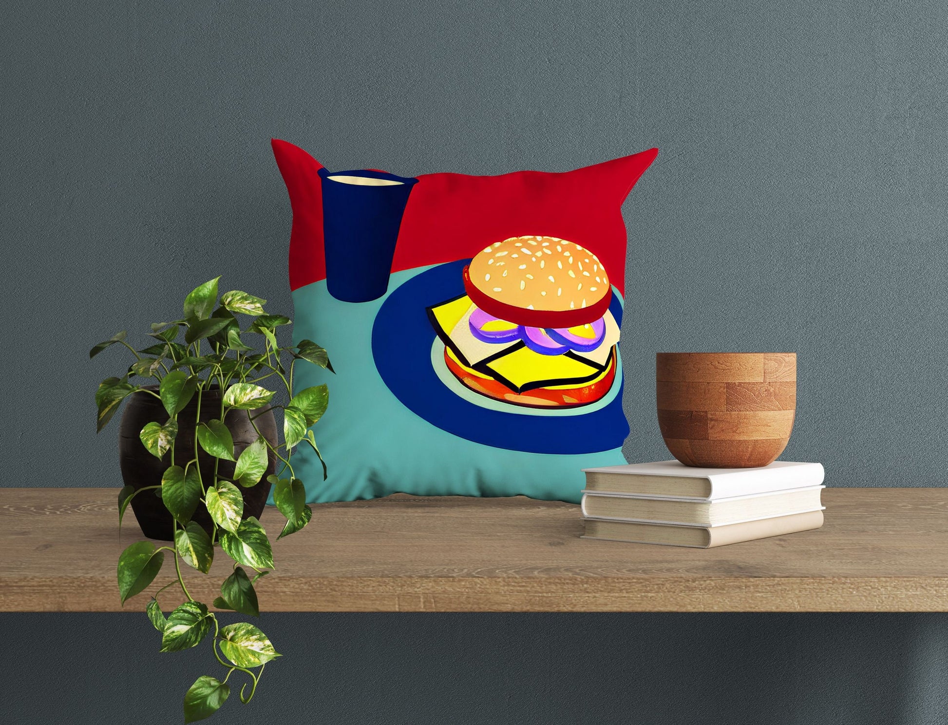 Hamburger And Drink Tapestry Pillows, Abstract Art Pillow, Artist Pillow, Colorful Pillow Case, Watercolor Pillow Cases, Large Pillow Cases