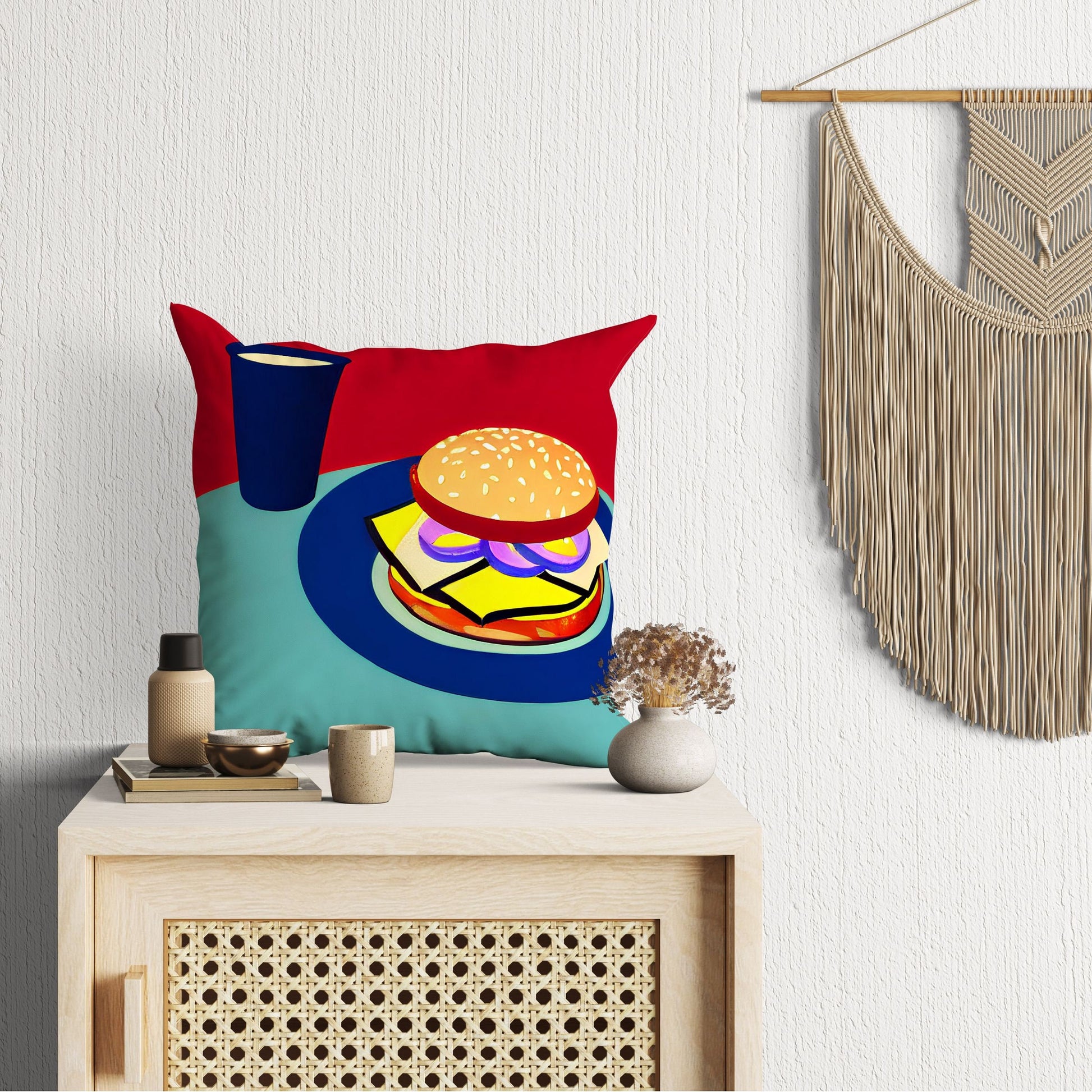 Hamburger And Drink Tapestry Pillows, Abstract Art Pillow, Artist Pillow, Colorful Pillow Case, Watercolor Pillow Cases, Large Pillow Cases