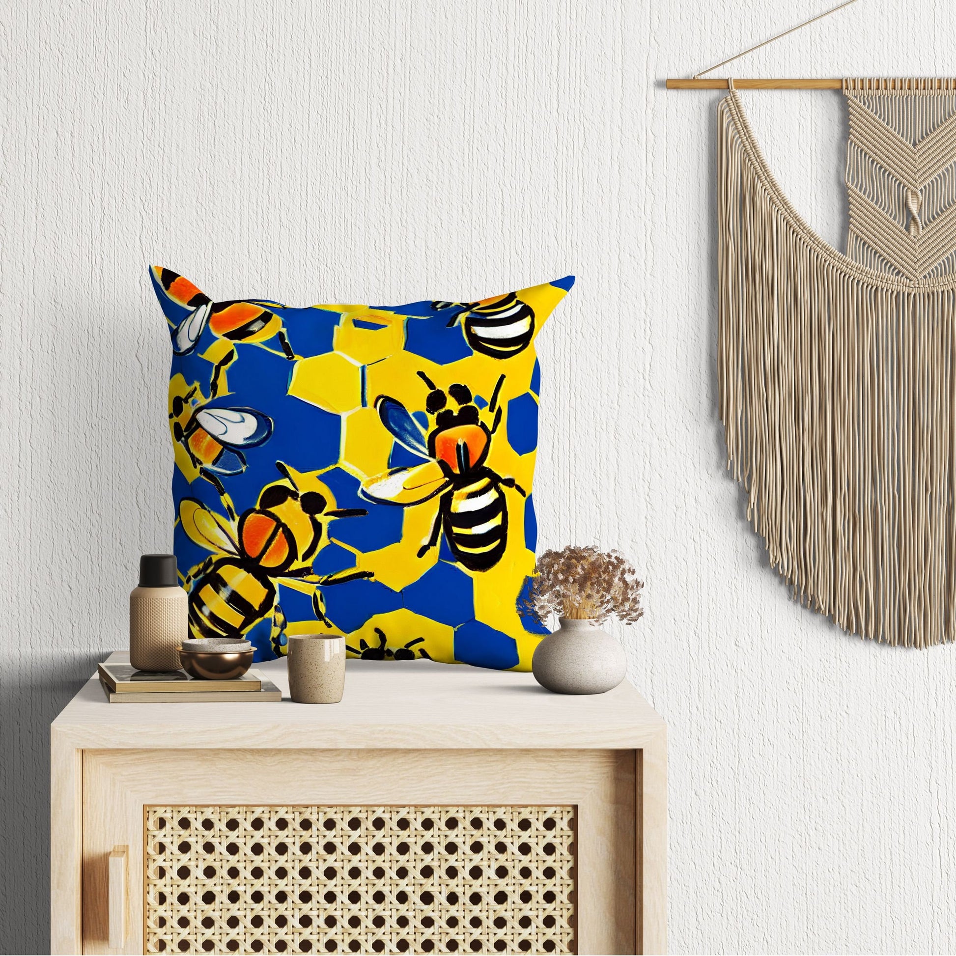 Bee Hive Decorative Pillow, Floral Pillow Cases, Artist Pillow, Colorful Pillow Case, Modern Pillow, 24X24 Pillow Case, Playroom Decor