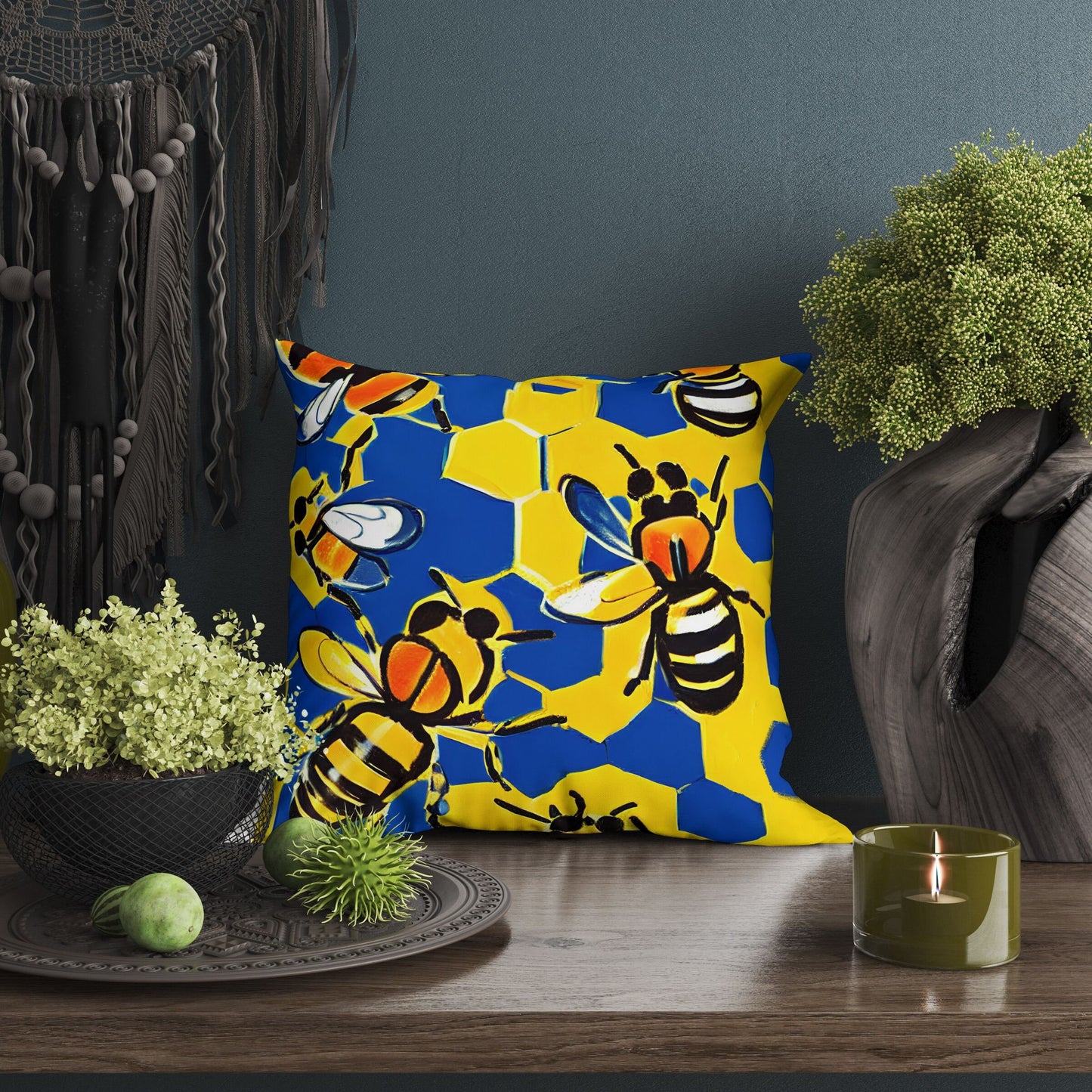 Bee Hive Decorative Pillow, Floral Pillow Cases, Artist Pillow, Colorful Pillow Case, Modern Pillow, 24X24 Pillow Case, Playroom Decor