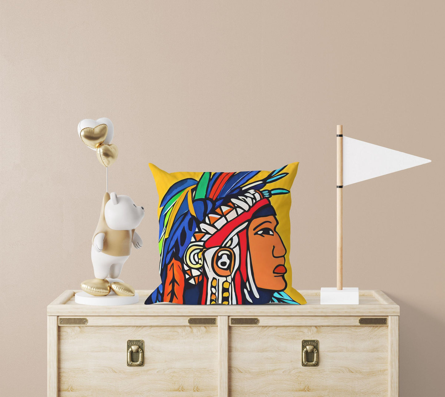 Indian Chief Pillow Case, Abstract Throw Pillow, Designer Pillow, Colorful Pillow Case, Contemporary Pillow, 24X24 Pillow Case