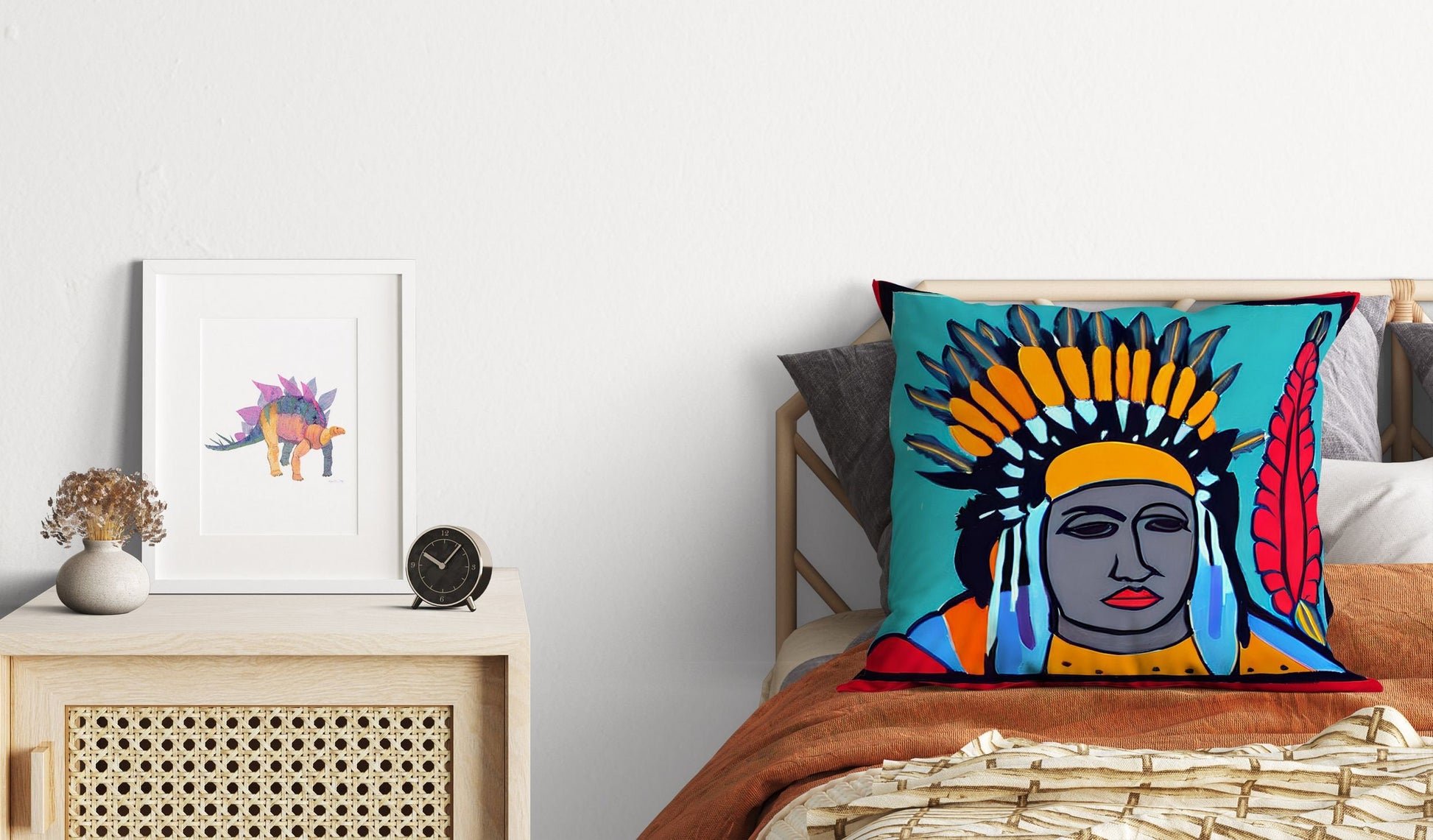 Indian Chief Toss Pillow, Abstract Throw Pillow, Artist Pillow, Colorful Pillow Case, Watercolor Pillow Cases, Square Pillow, Playroom Decor