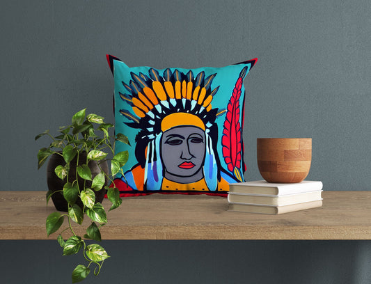 Indian Chief Toss Pillow, Abstract Throw Pillow, Artist Pillow, Colorful Pillow Case, Watercolor Pillow Cases, Square Pillow, Playroom Decor