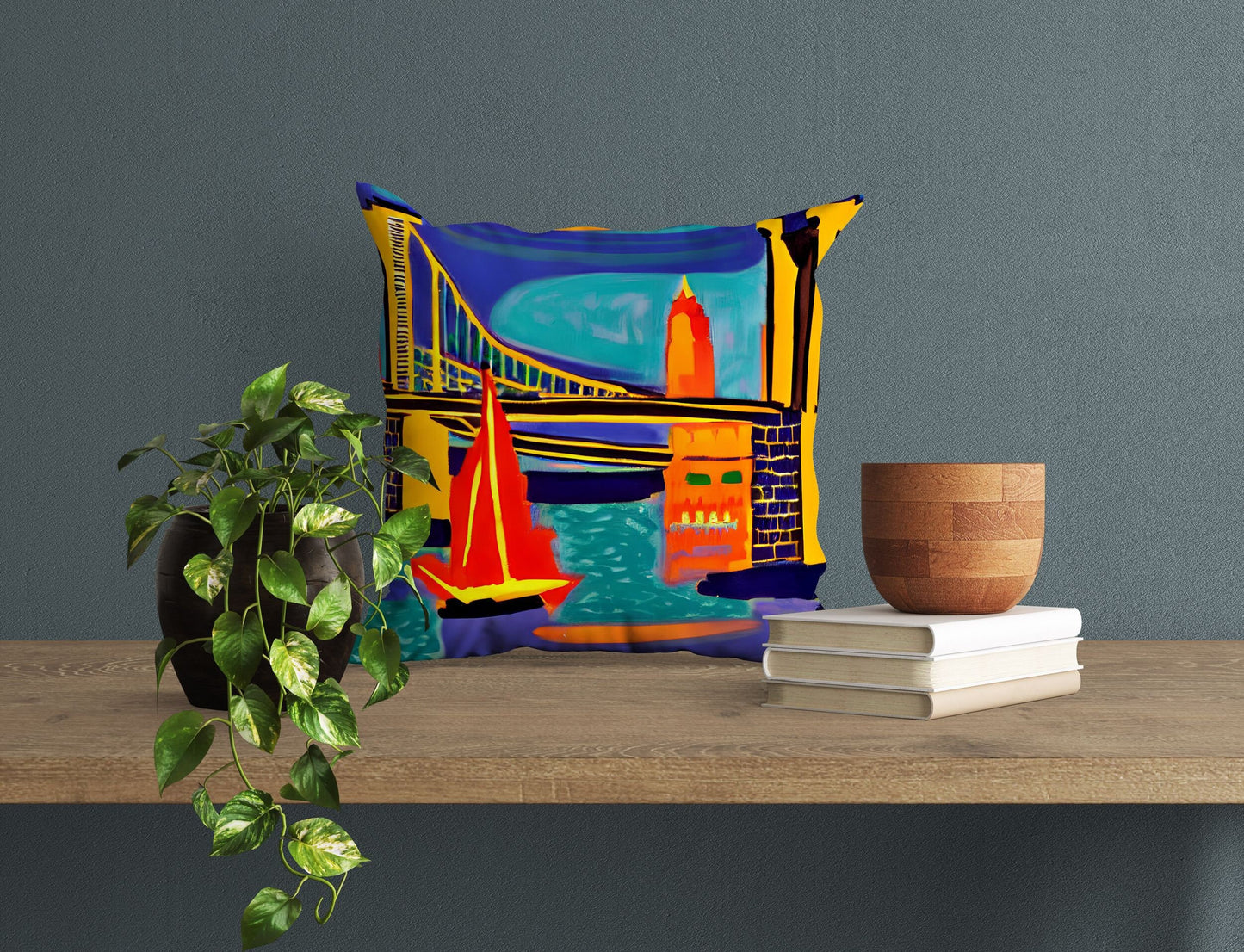 New York Brooklyn Bridge At Night, Tapestry Pillows, Abstract Pillow, Designer Pillow, Colorful Pillow Case, Impressionist Pillow