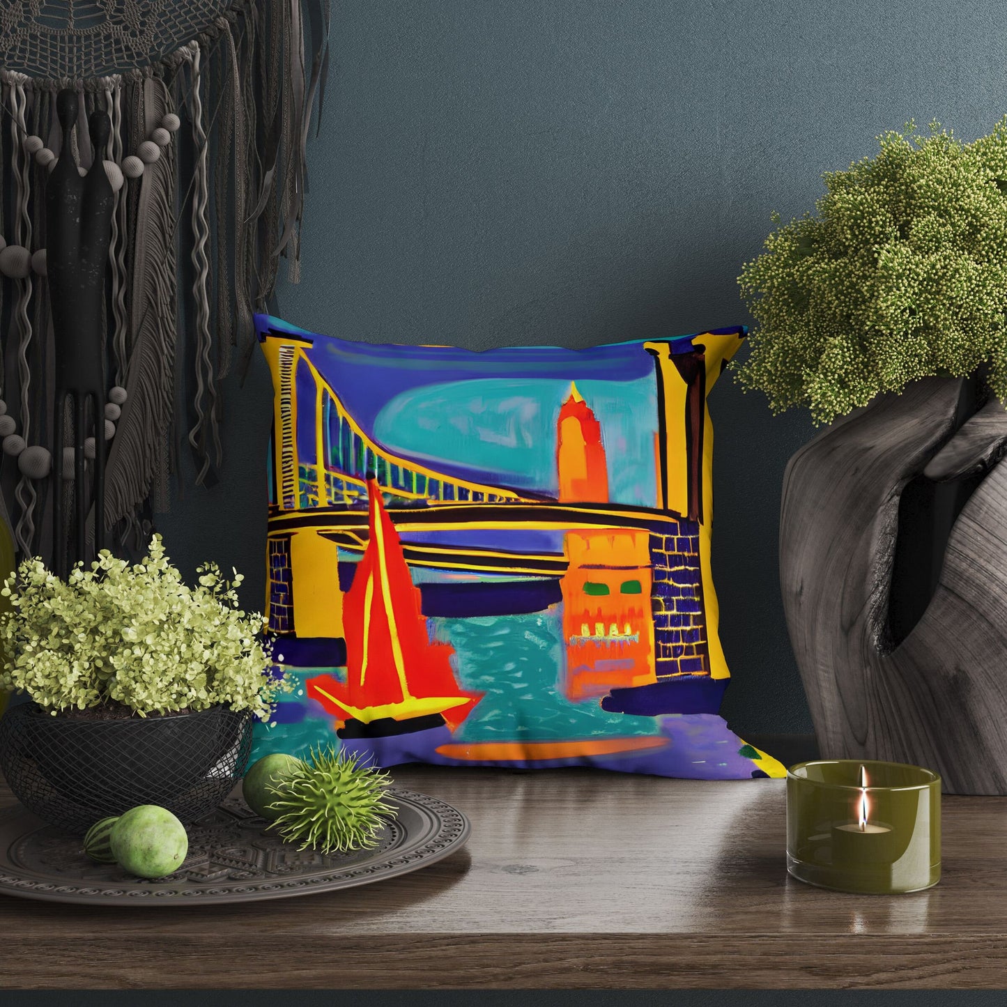 New York Brooklyn Bridge At Night, Tapestry Pillows, Abstract Pillow, Designer Pillow, Colorful Pillow Case, Impressionist Pillow