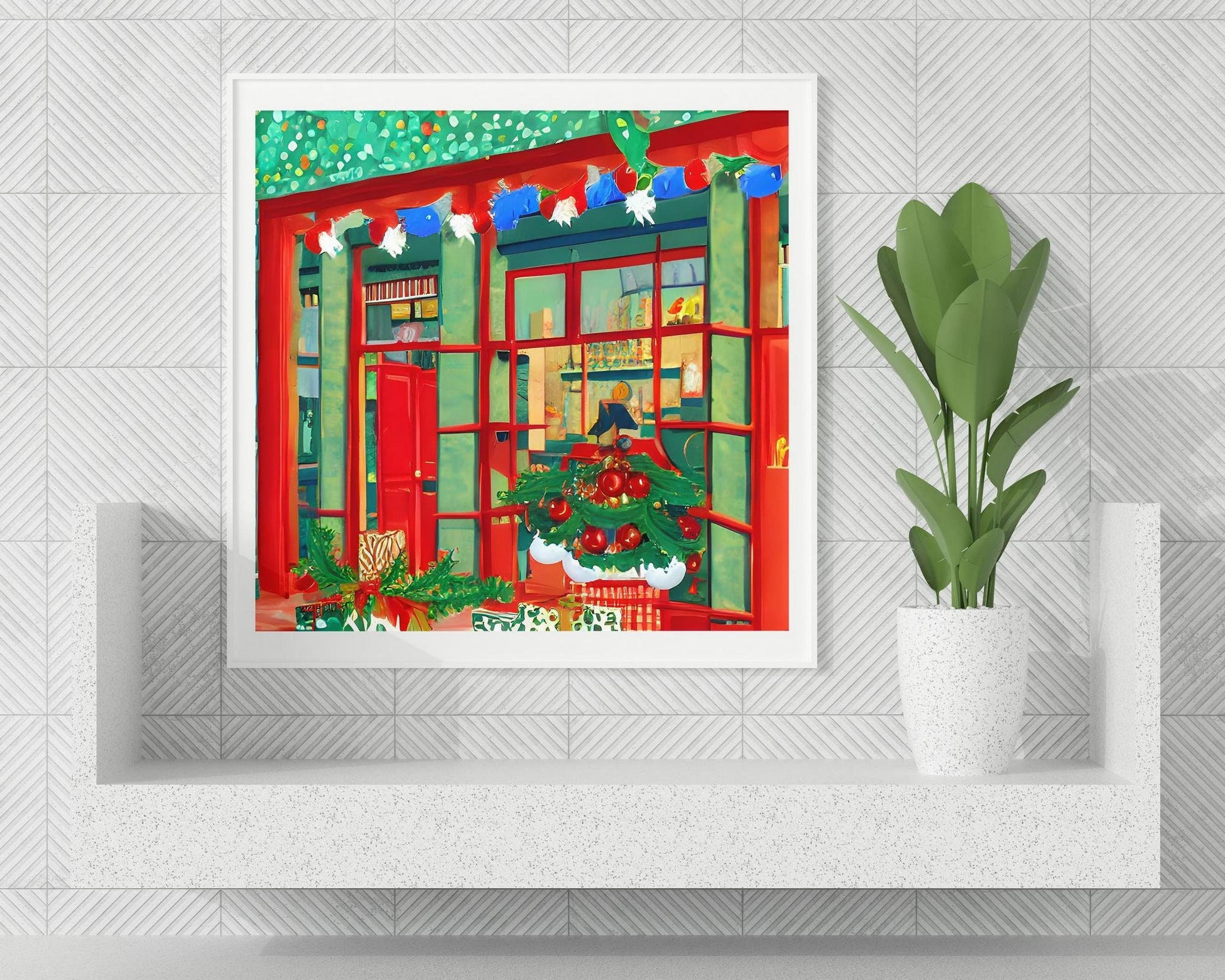 Window Of A Street Shop Decorated For Christmas Canvas Print, Canvas Art, Abstract Print, Contemporary Art, Bedroom Decor, Framed Canvas
