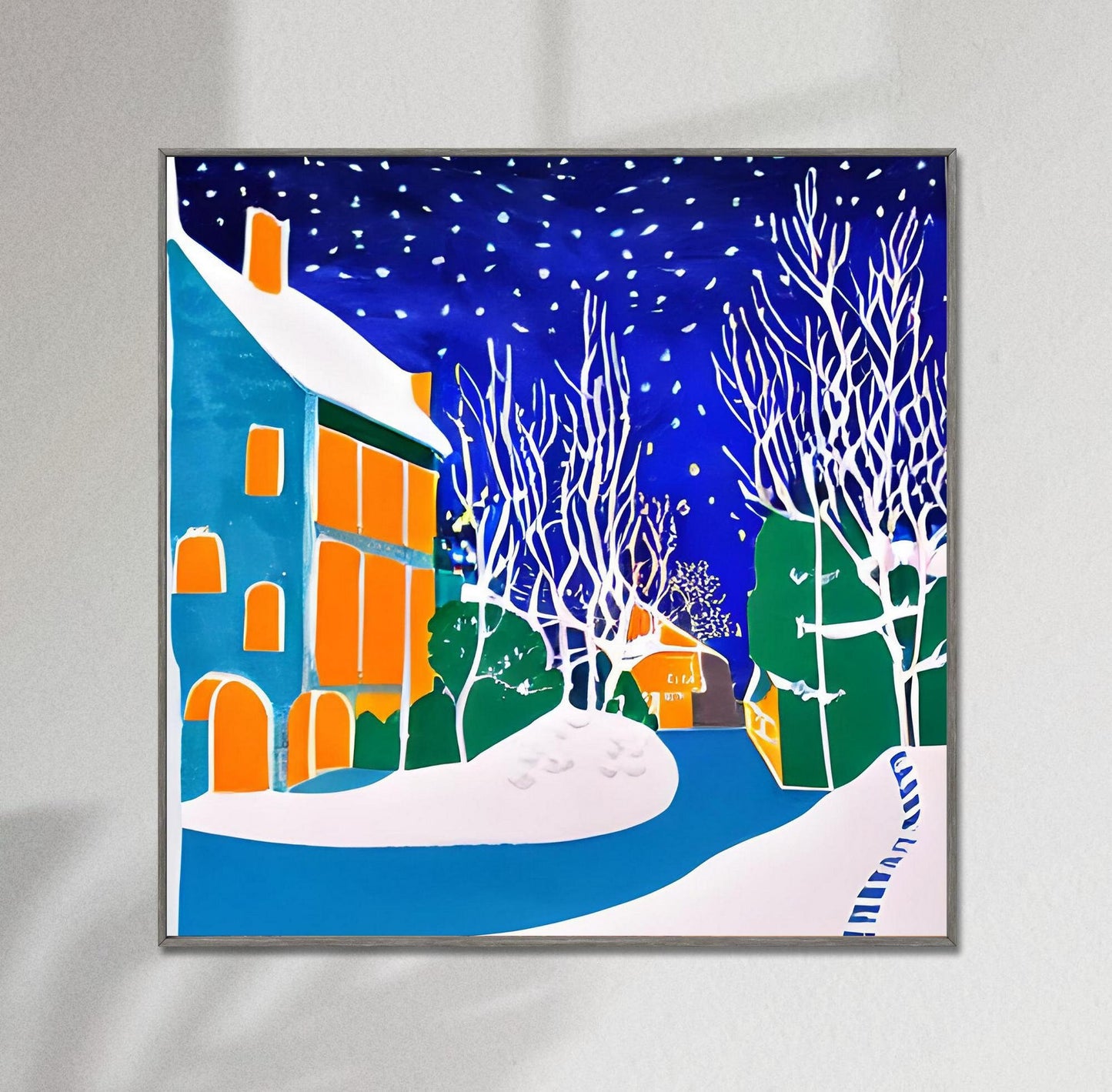 Village On Village On Snowy Winter Night Canvas Print, Poster Print, Abstract Print, Bedroom Decor, Framed Canvas, Fine Art Print