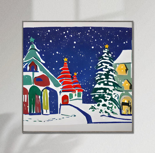 Village On Snowy Christmas Eve Canvas Print, Poster Print, Abstract Print, Modern Art Print, Wall Decor Poster, Framed Art Print