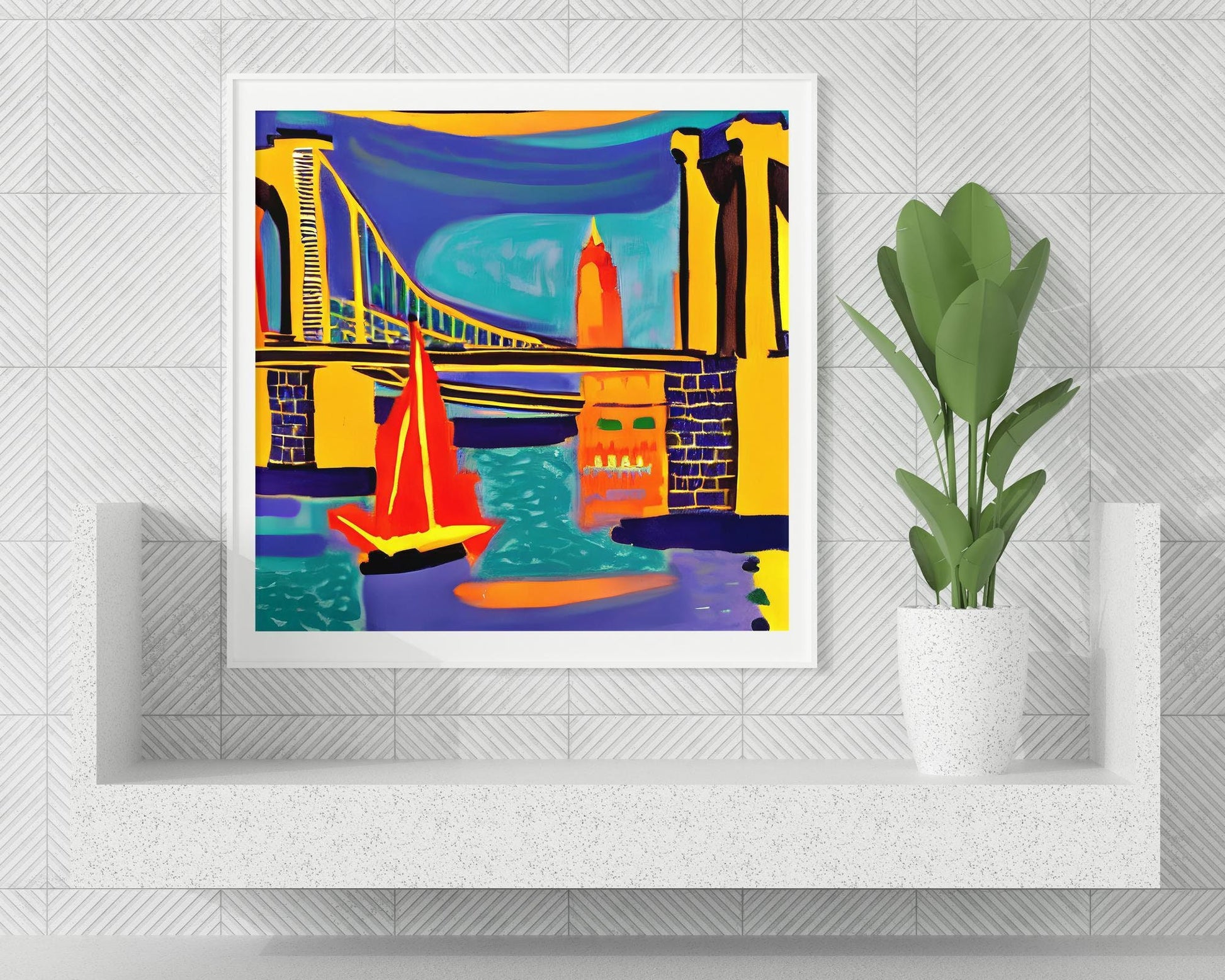 Night View Of Brooklyn Bridge, New York, Poster Art, Travel Art Print, American Travel Poster, Abstract Art, Kids Room, Framed Art Print