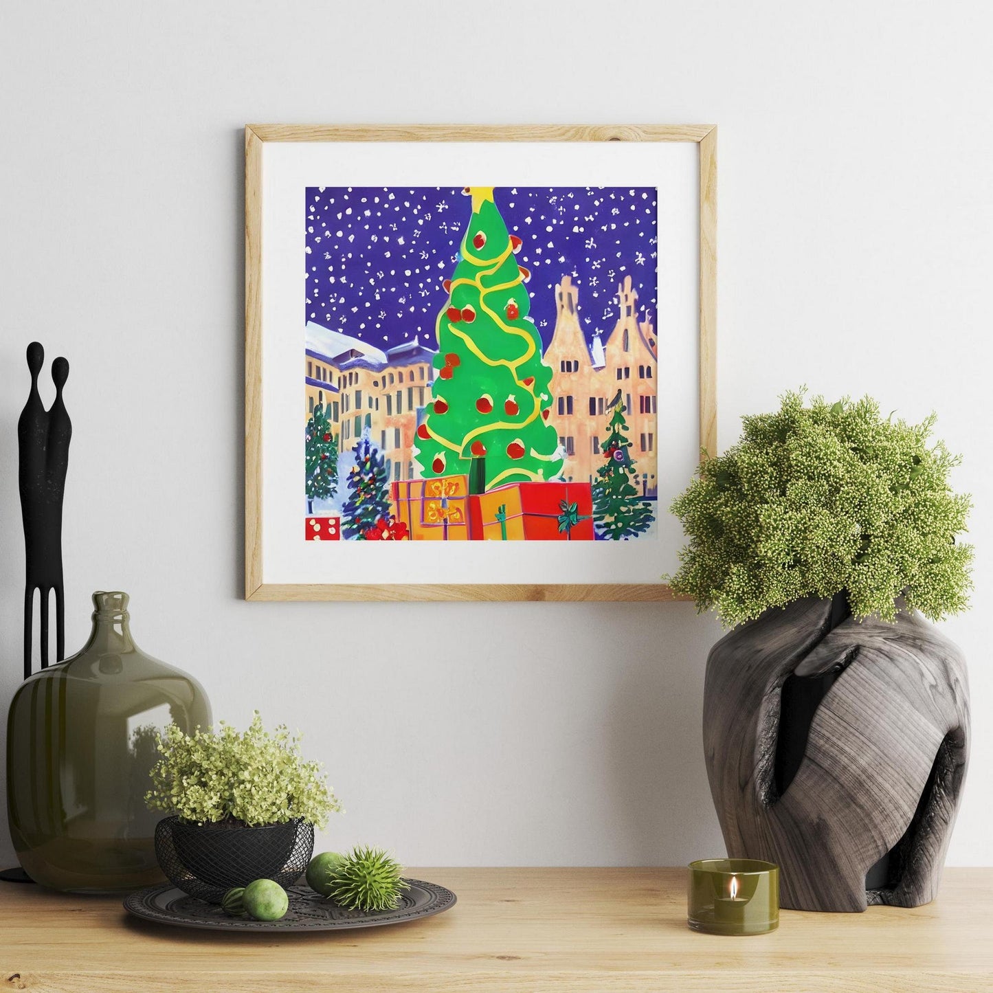 Snowy Christmas Eve, Christmas Tree, Christmas Presents Abstract Art Canvas Print, Abstract Print, Framed Canvas, Print From Original Art