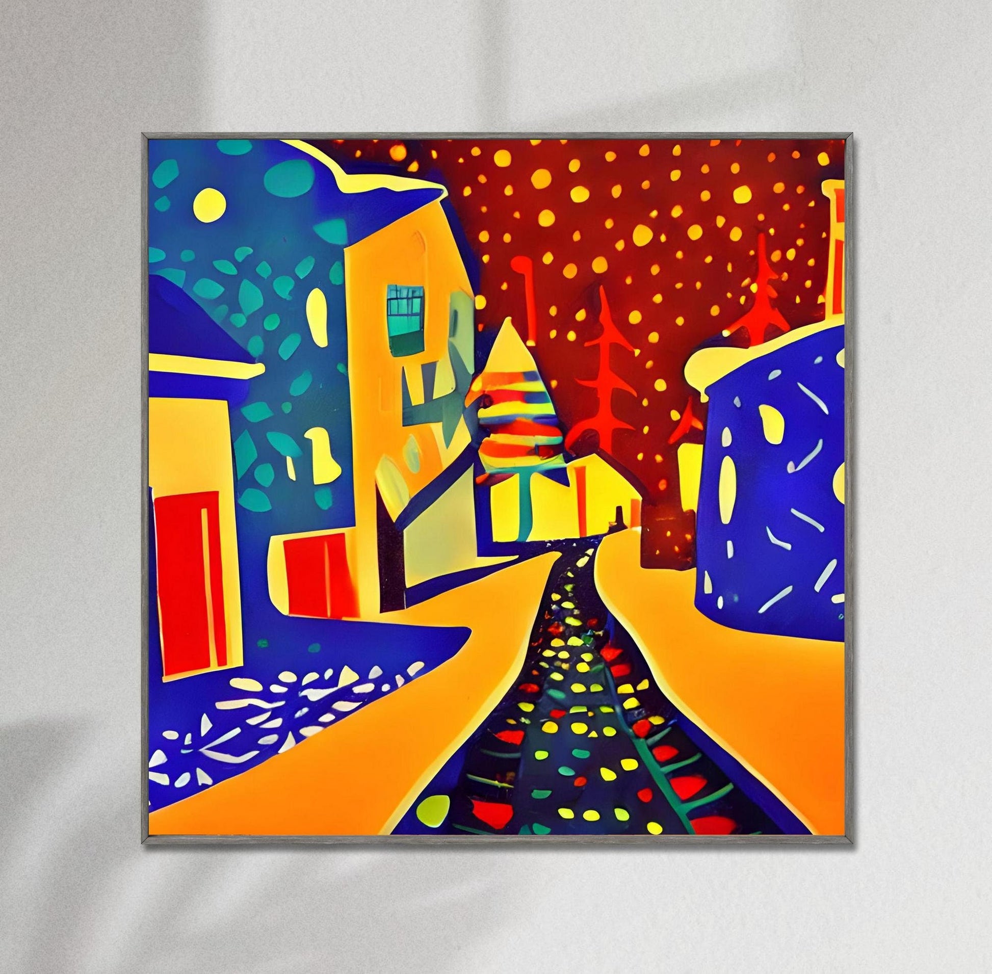 Snowy Christmas Eve Village Canvas Print, Poster Art, Abstract Print, Vivid Color, Minimalist, Bedroom Decor, Framed Canvas, Fine Art Print