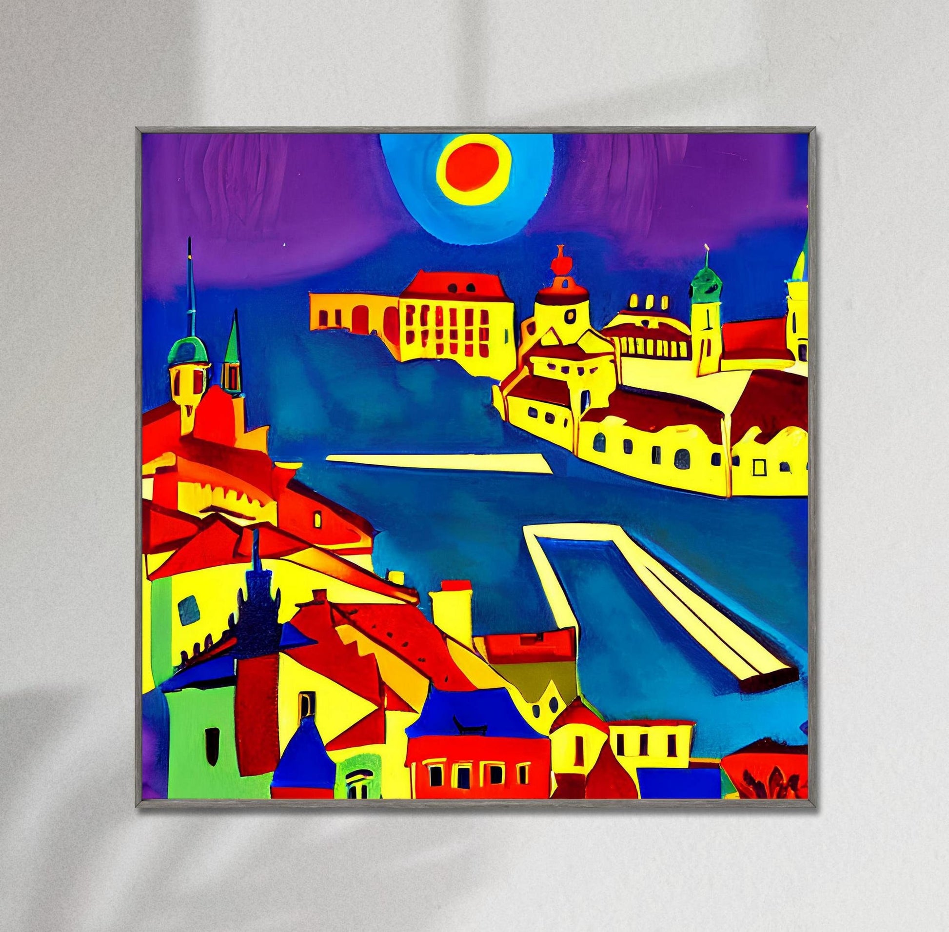 Prague City Night View, Art Poster, Travel Watercolor Print, Czech, Modern Wall Art, Living Room Decor, Framed Canvas, Fine Art Poster